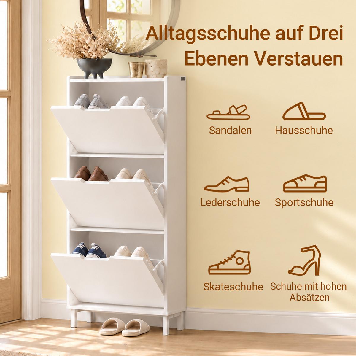 SCHUHSCHRANK weiß, 50x129x19 cm, 3 Klappen für 6 Paar, hoch & nur 19 cm tief, erweiterbar zur Schuhwand - Weiß, Holzwerkstoff/Metall (50/129/19cm) - SoBuy