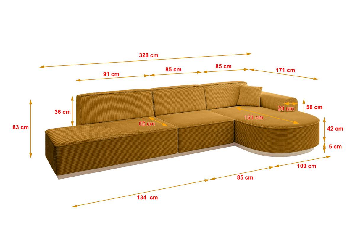 ECKSOFA Ottomane Rechts ARRIO-L2 - 328x171x83 cm Senfgelb - Currygelb/Gelb, Holzwerkstoff/Textil (328/171cm) - ALTDECOR