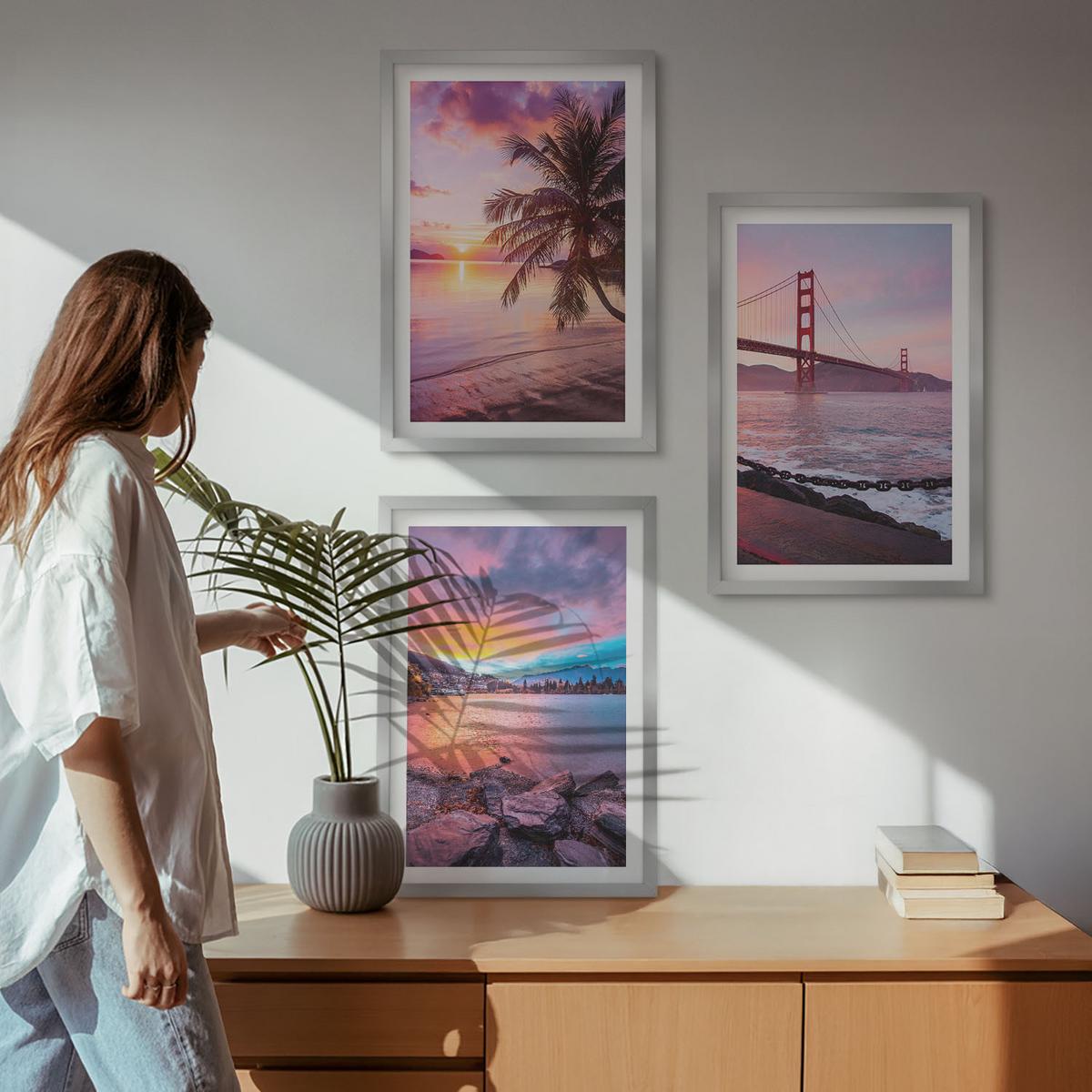 BILDER SET 3er Set - 40x60 cm Silberner Rahmen - Sonnenuntergangsbrücke Landschaft - Silberfarben, Kunststoff (40/60cm) - TULUP