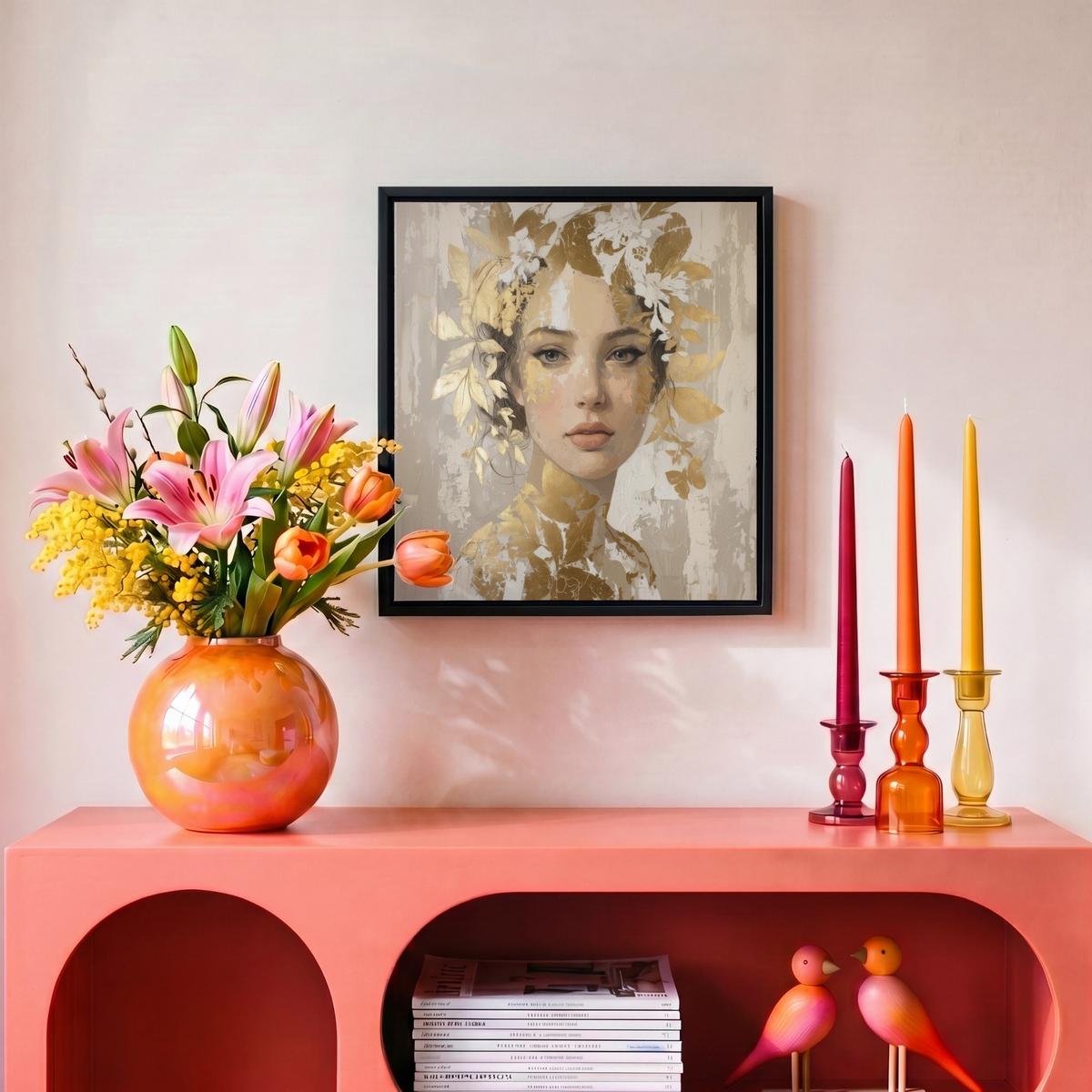 LEINWAND Bilder mit Rahmen - Gesicht - Frau - Blätter - Gold - 20x20 - Beige, Textil (20/20cm) - MuchoWow