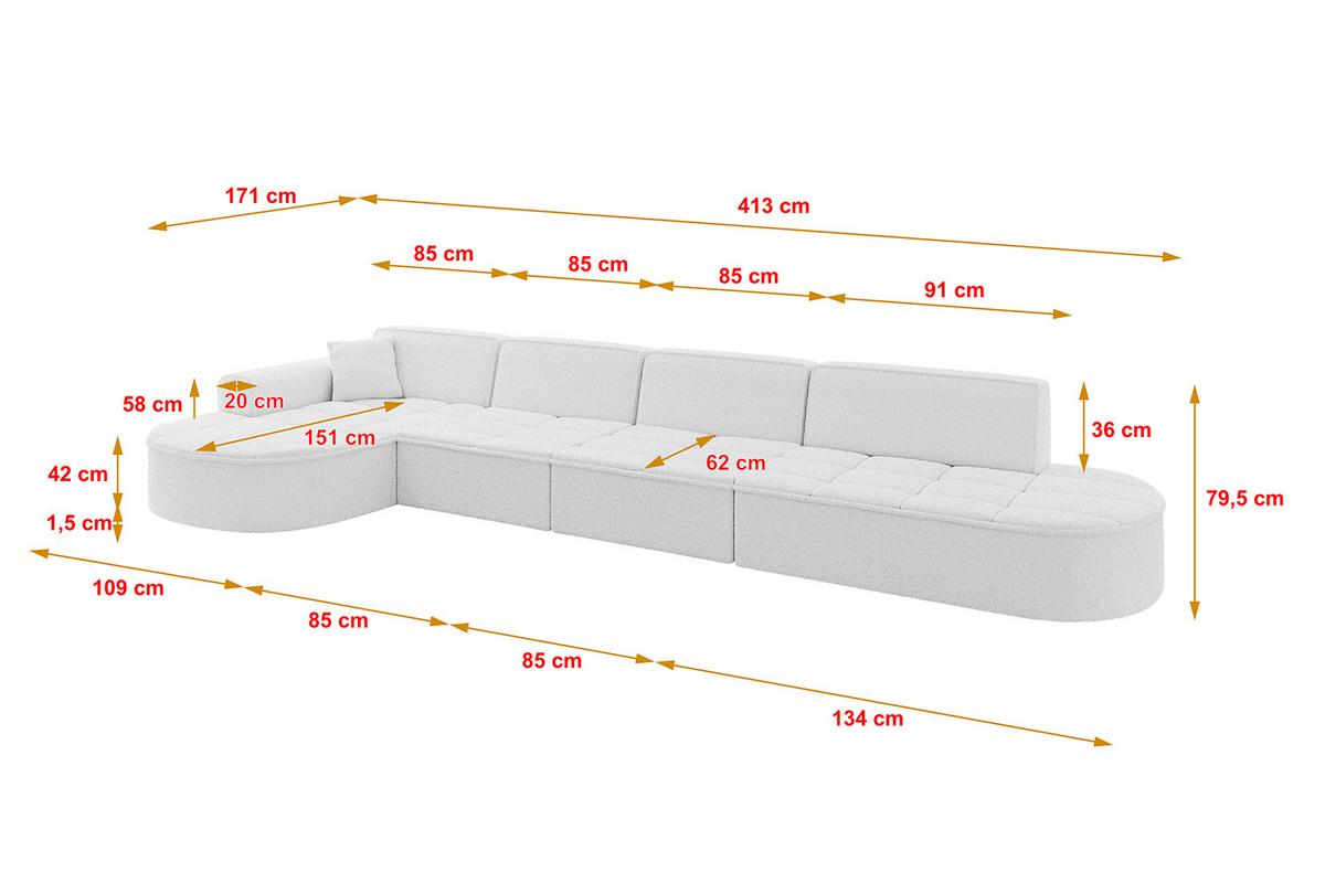 ECKSOFA Ottomane Links TARO-L3 - 413x171x79,5 cm Weiß - Weiß, Holzwerkstoff/Textil (413/171cm) - ALTDECOR