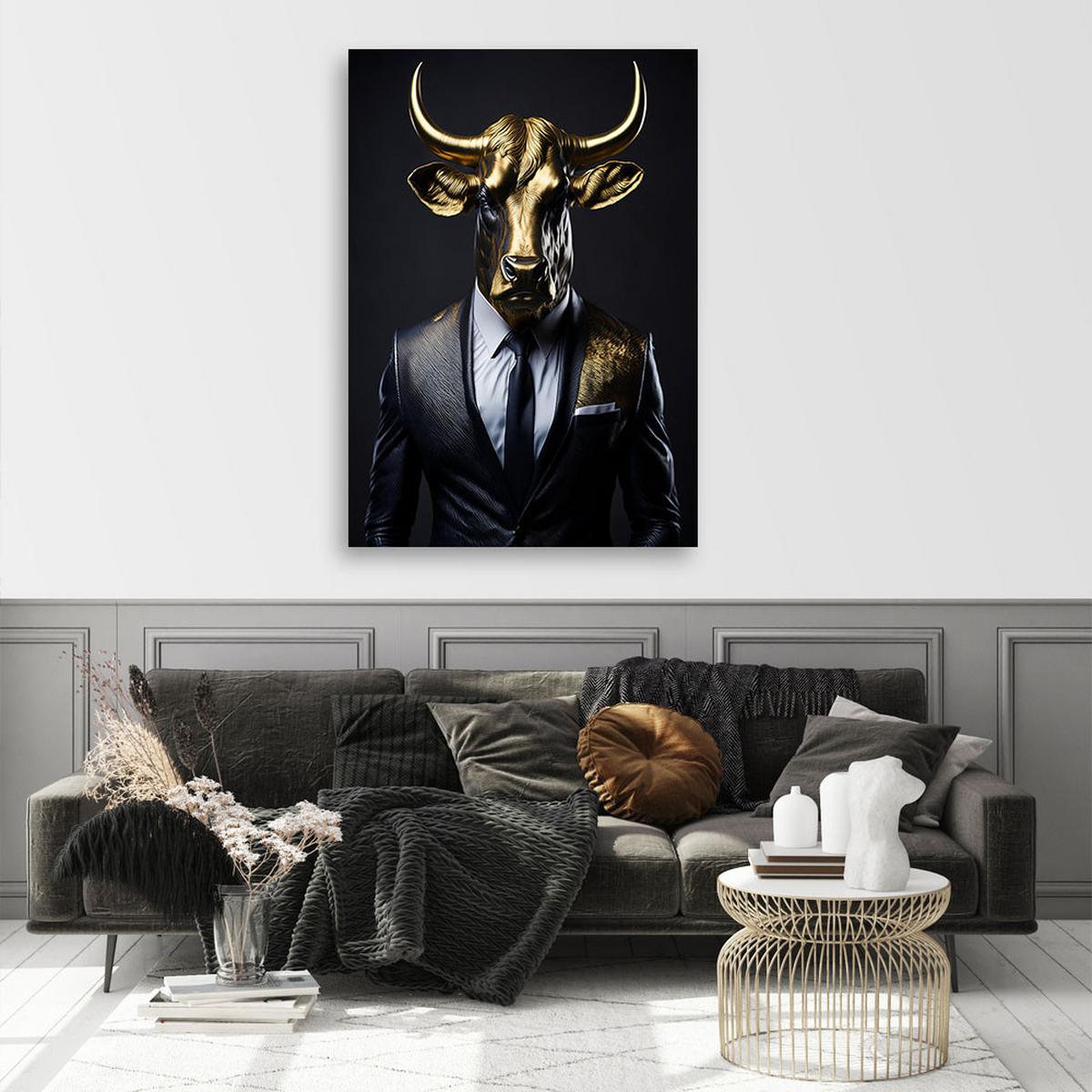 WANDBILD stier tiere im anzug - Goldfarben, Textil (60/90cm) - Feeby