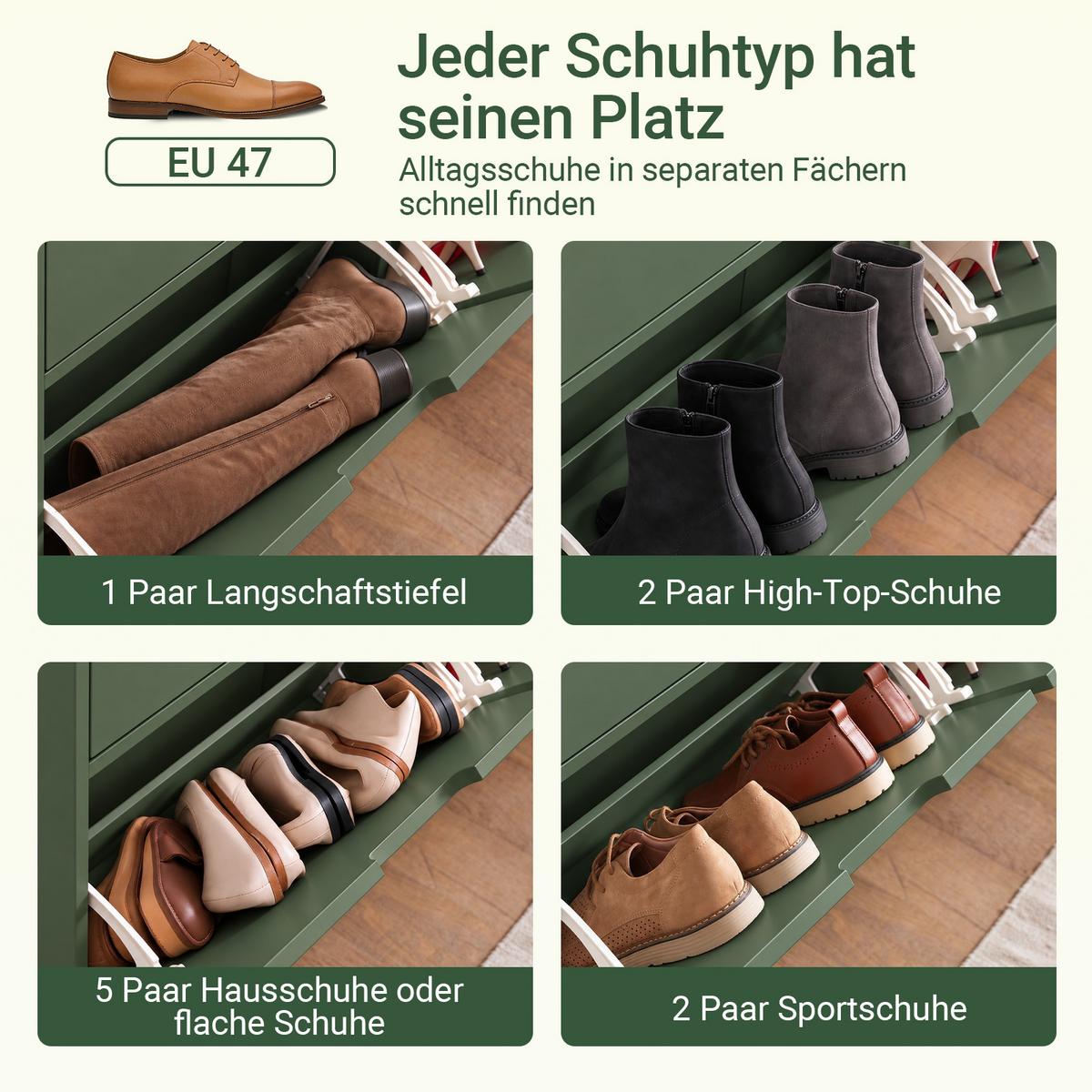 SCHUHSCHRANK dunkelgrün, 100x91x19 cm, 4 Klappen für 8 Paar, goldene Metallfüße, bis EU 47, nur 19 cm tief - Dunkelgrün, Holzwerkstoff/Metall (100/91/19cm) - SoBuy