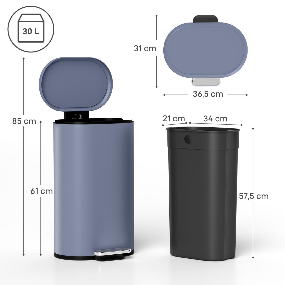 MÜLLEIMER Metall Kunststoff Grau - Grau, Metall (31/61/36.5cm) - HOMCOM