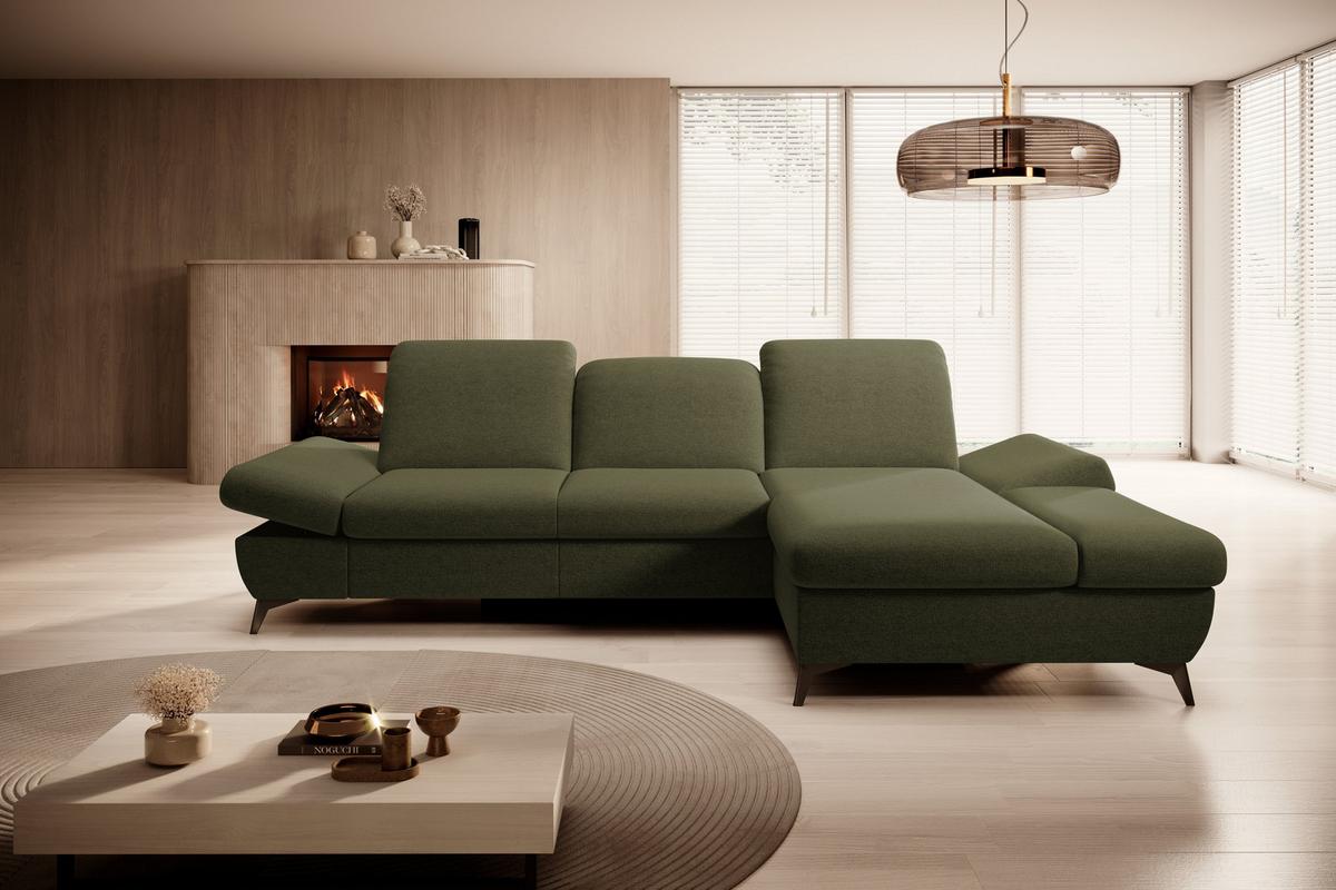 ECKSOFA FELICE R-S Olivgrün Geflochtener Stoff mit Schlaffunktion - Olivgrün, Holz (284/166cm) - MASSENO