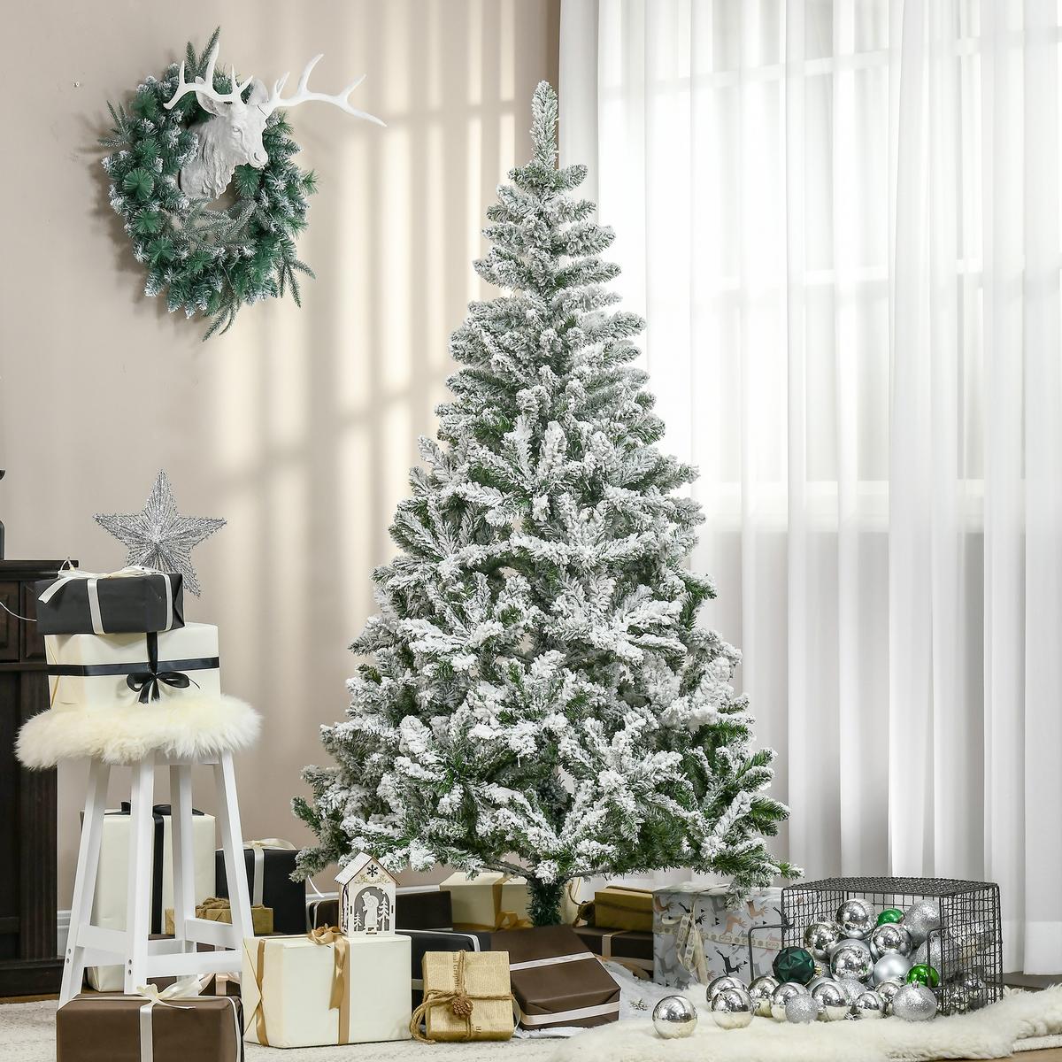 KÜNSTLICHER WEIHNACHTSBAUM mit Kunstschnee, Indoor 180 cm - Grün, Kunststoff/Metall (180cm) - HOMCOM