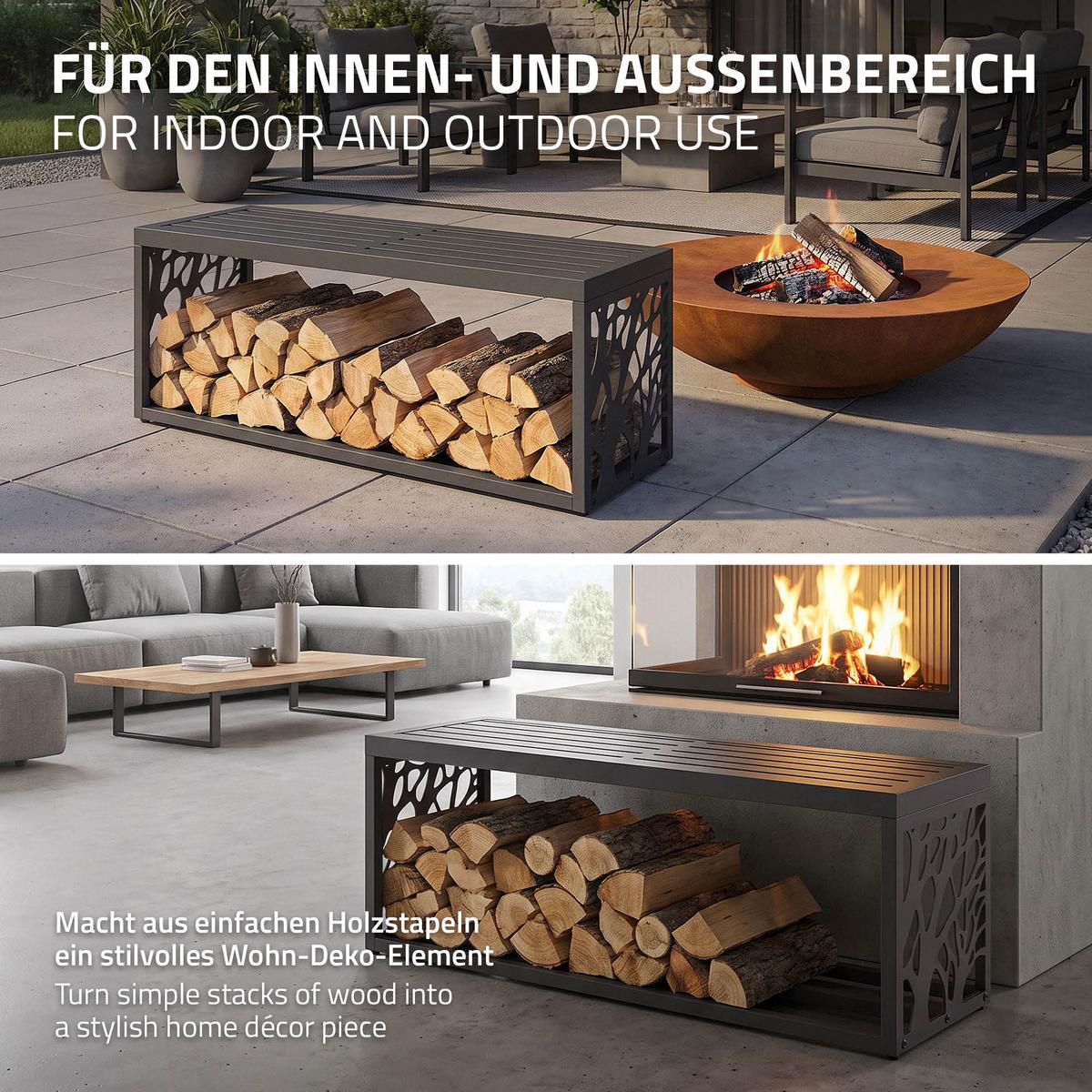 KAMINHOLZREGAL Innen/Aussen mit Sitzbank Metall Brennholzregal Anthrazit 120x38x43 cm Stahl Verzinkt Zweige-Motiv - Anthrazit, Metall (120/43/38cm) - ML-DESIGN