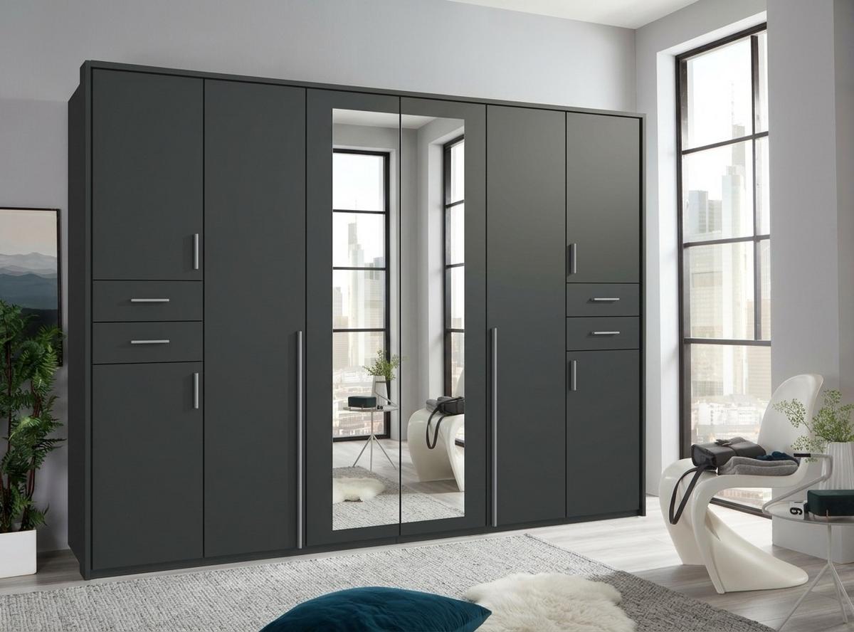 DREHTÜRENSCHRANK B273/H210/T58 cm in Grafit, Kleiderschrank mit Passepartout & 2 Spiegeltüren & Schubkästen, Griffe alufarbig / 22577 - Silberfarben/Graphitfarben, Holzwerkstoff/Kunststoff (273/210/58cm) - luma-home