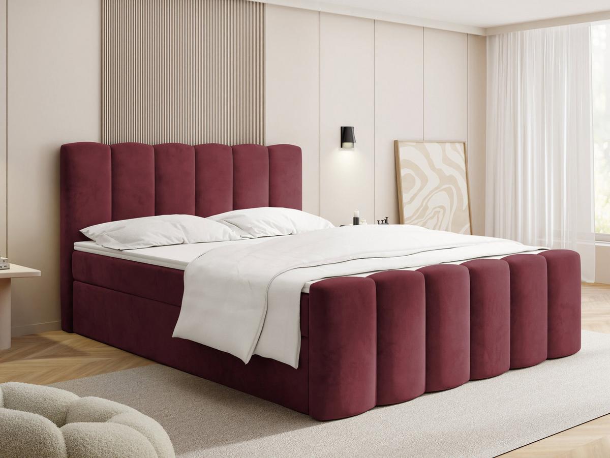 BOXBETT Serenity mit Bettkasten, Bordeaux Rot Samt 200x200 cm – inkl. H4 Taschenfederkern Matratze & Foam Topper - Bordeaux/Schwarz, Holz/Holzwerkstoff (200/200cm) - WFL GROUP