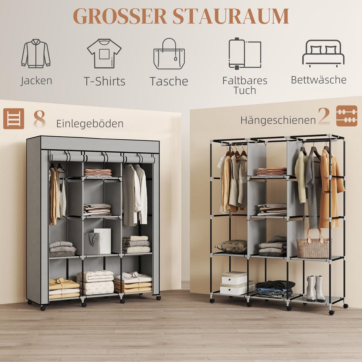 STOFFSCHRANK Faltschrank Kleiderschrank mit Kleiderstangen 8 Ebenen Hellgrau - Hellgrau/Schwarz, Kunststoff/Textil (43/162.5/125cm) - HOMCOM