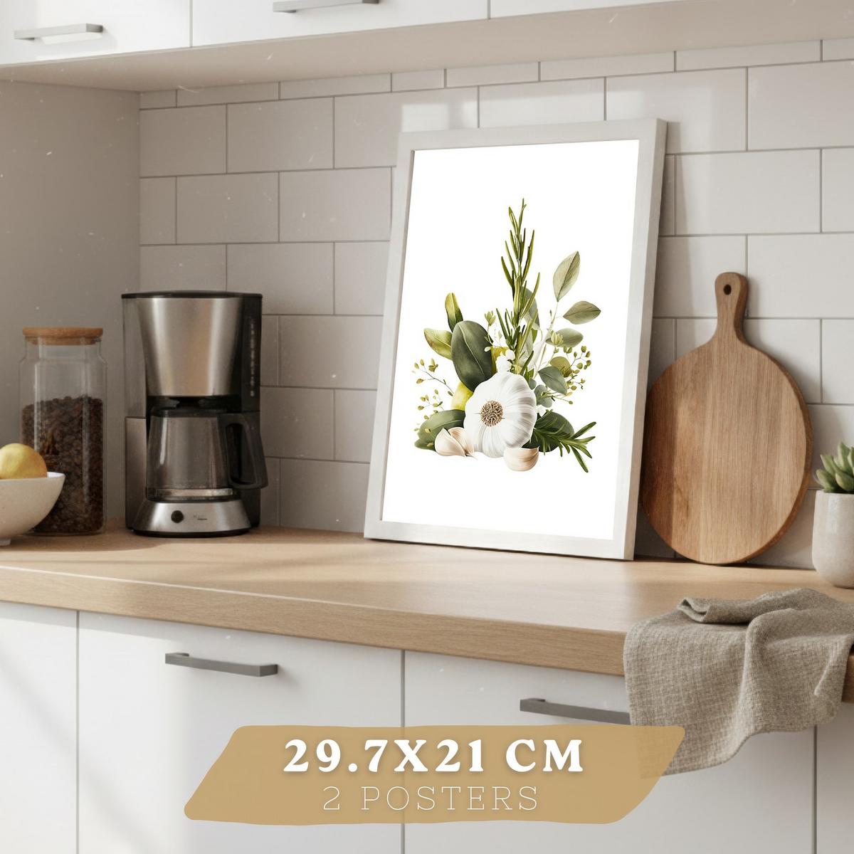 POSTER 2er Set Küchen-Wandbilder Knoblauch Kräuter und Oliven Mediterranes Aquarell Esszimmer Wanddeko Rahmenlos A4 - Weiß, Papier (29.7/1/21cm) - Nacnic
