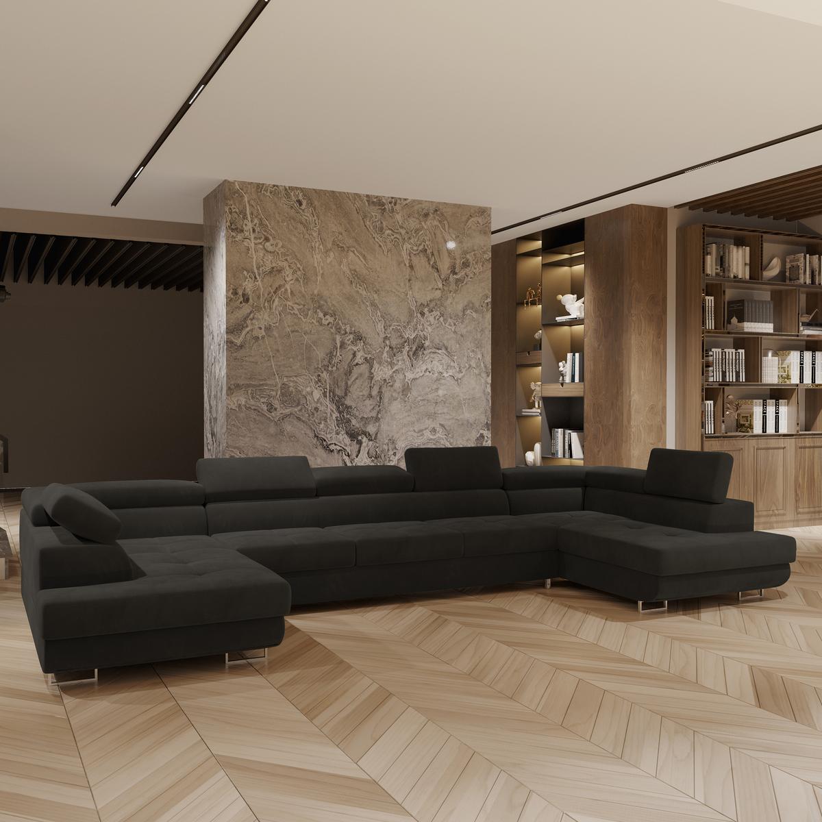 WOHNLANDSCHAFT ISOLANO Schwarz Velours-Stoff mit Schlaffunktion - Schwarz, Holz (408/90/202cm) - MASSENO