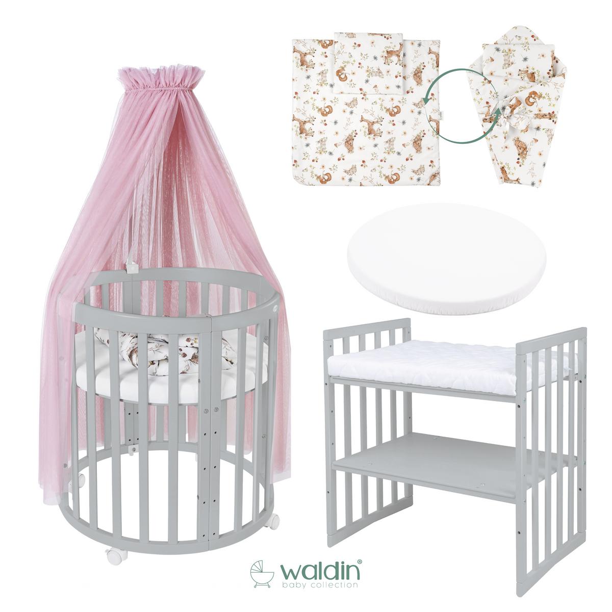 BABYBETT GREY OVAL 7in1 mit Matratze und Himmelset - Rosa/Grau, Holz/Textil (73/125cm) - waldin