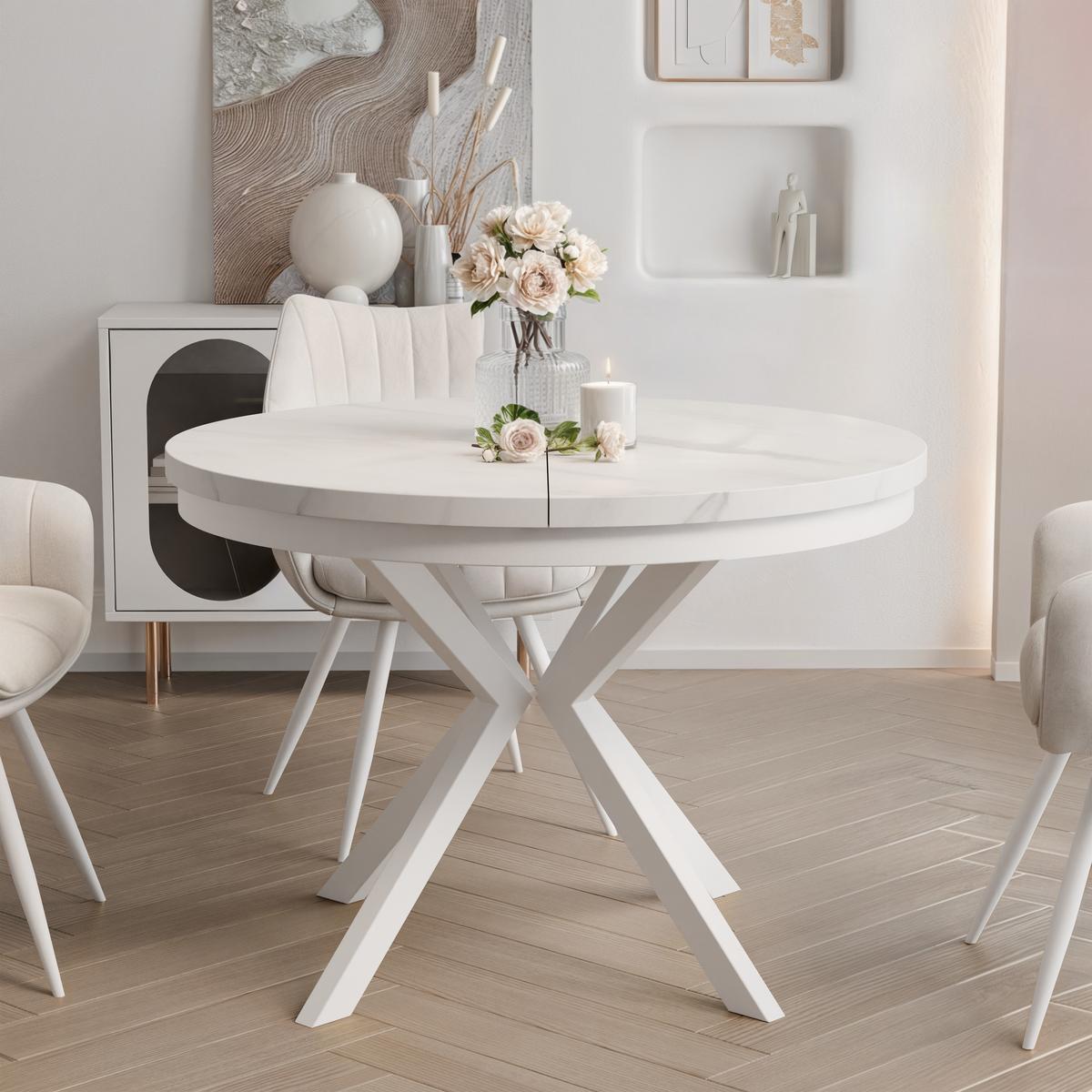 AUSZIEHTISCH MILTON 90-166/76 cm mit Metallgestell und Zarge, Weiß / Bianco Marmor - Perlmutt/Weiß, Holzwerkstoff/Metall (90/90/76cm) - Idohome