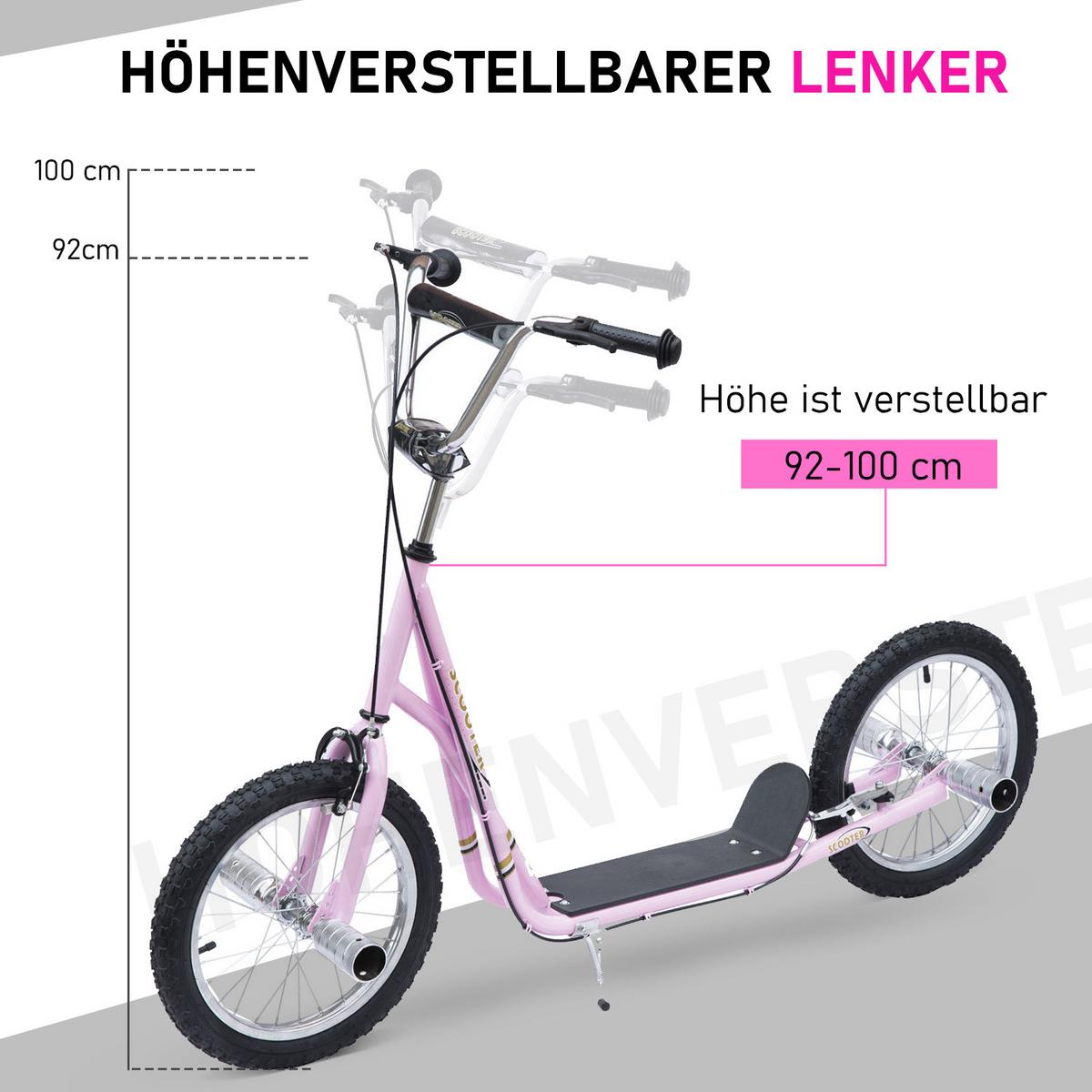 KINDERROLLER mit Luftreifen Scooter Roller Kinder Roller Kickboard 16 Zoll Rosa - Rosa, Metall (143/58/100cm) - HOMCOM