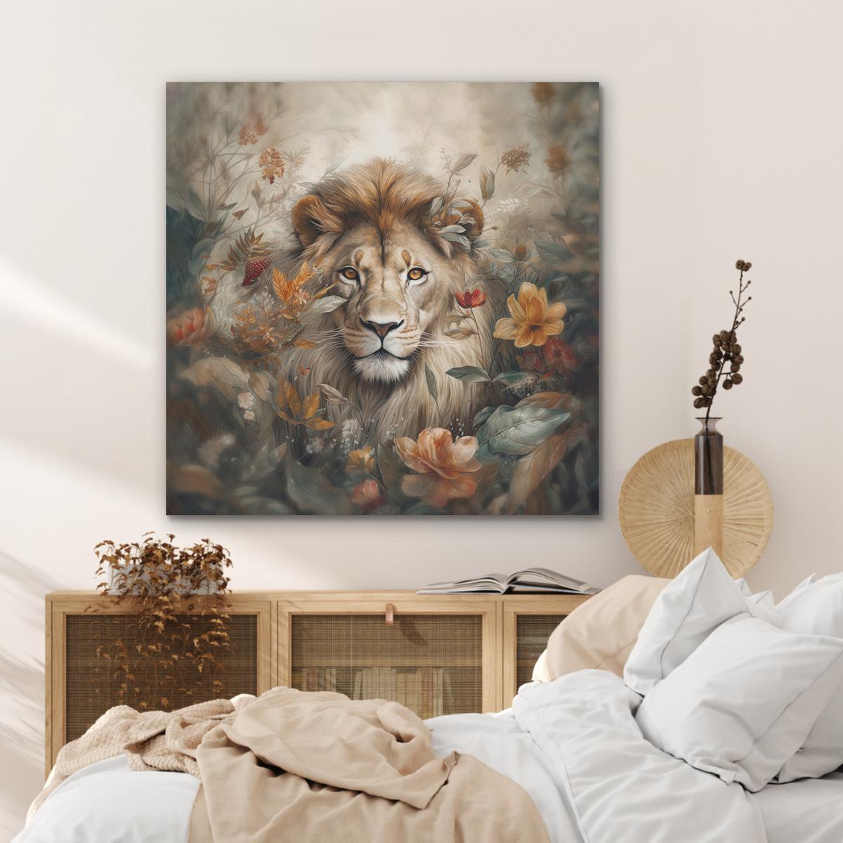 AKUSTIKBILD Löwe - Wildtiere - Pflanzen - Natur - Blumen Akustikpaneele 90x90 cm - Beige, Kunststoff (90/90/0.9cm) - MuchoWow
