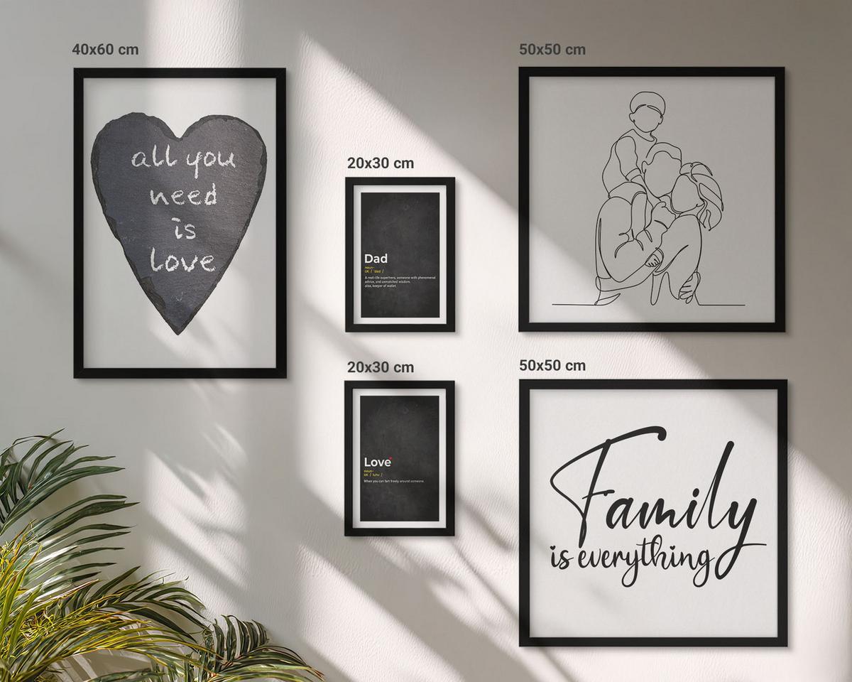 BILDER SET 5er Set - 50x50 cm & 20x30 cm & 40x60 cm Schwarzer Rahmen - Definitionen der Liebe in Familienzeichnungen - Schwarz, Kunststoff (40/60cm) - TULUP