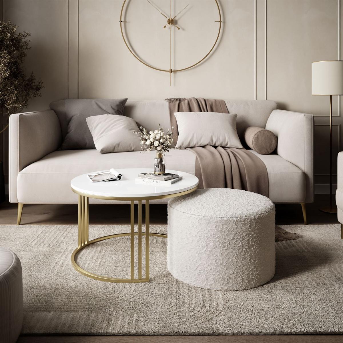 COUCHTISCH mit Hocker LORI Hochglanz gebürstetes Gold/weißer Glanz/Coral 65 - Weiß, Metall (70/70/49cm) - Lookway