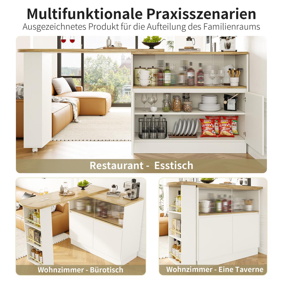 BARSCHRANK 360° drehbar & schwarz mit glastüren & flexiblem bartisch - Weiß, Holzwerkstoff (90/100/45cm) - Urban Meuble