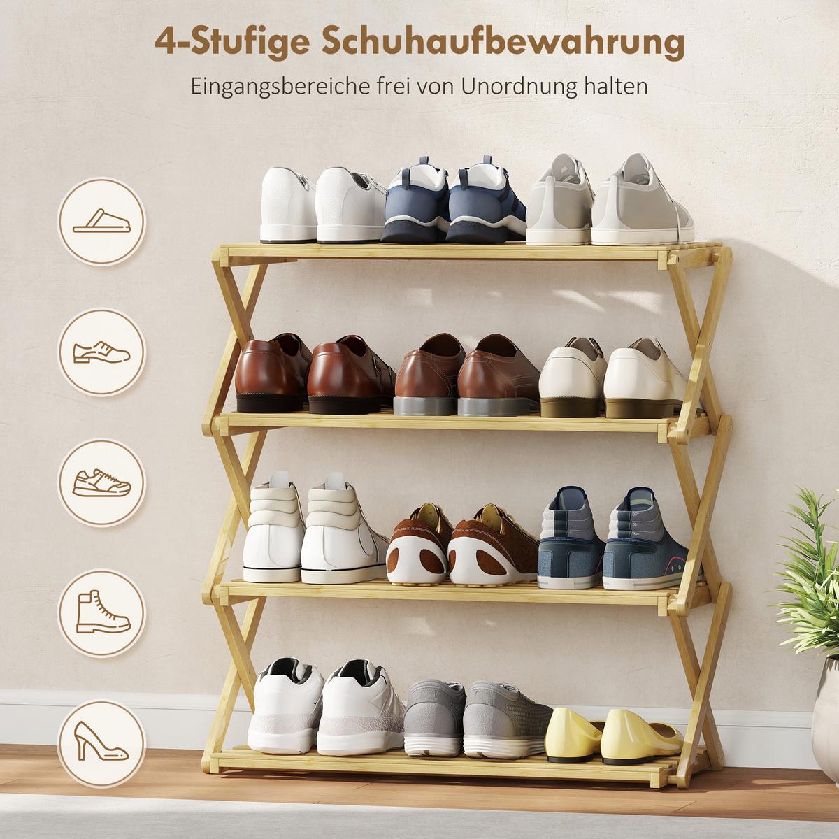 SCHUHREGAL mit 4 Ebenen Schuhablage aus Bambus für 12 Paar Schuhe Natur - Naturfarben, Naturmaterialien/Bambusholz (60/67/29cm) - HOMCOM