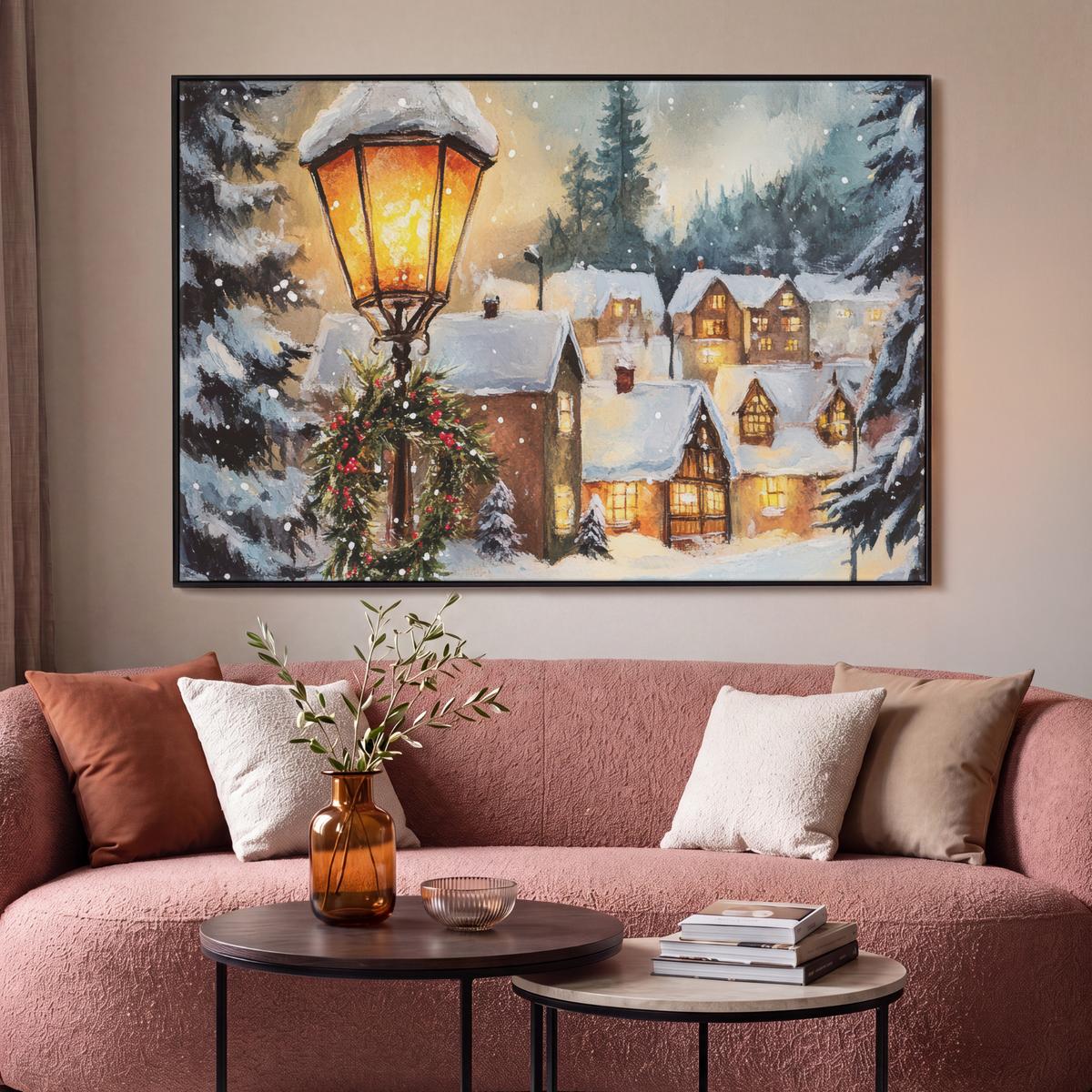 LEINWAND Bilder mit Rahmen - Weihnachtsdorf - Häuser - Schnee - Weihnachten - 140x90 - Sandfarben, Textil (140/90cm) - MuchoWow