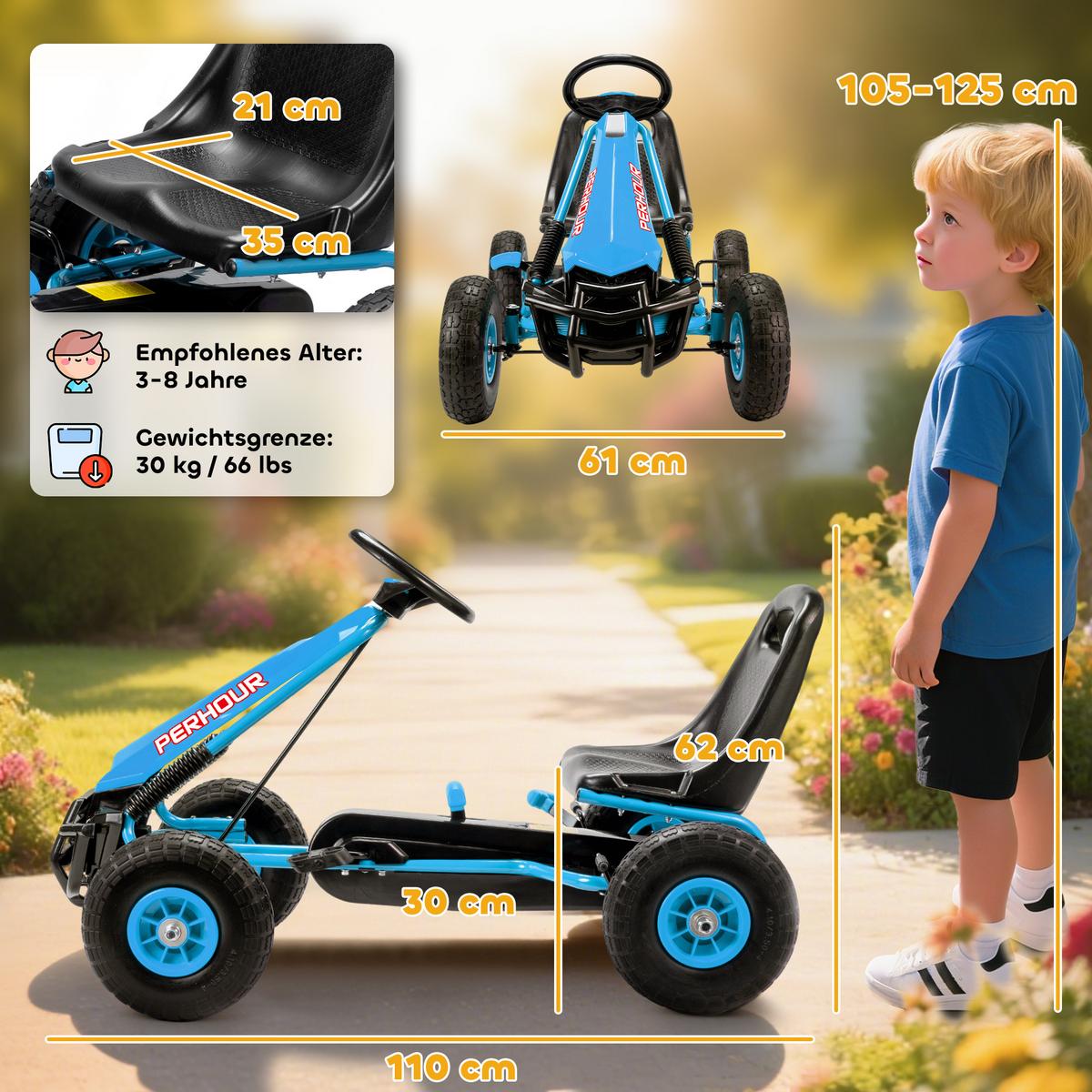 GOKART, Tretauto mit Handbremse, verstellbarem Sitz, Vor- und Rückwärtsgang - Blau, Metall (110/61/62cm) - AIYAPLAY
