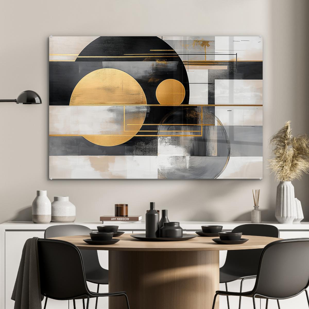 ACRYLGLASBILD Abstrakt - Gold - Silber - Formen - Ästhetisch - Modern Room Decor 90x60 cm - Goldfarben, Glas (90/60cm) - MuchoWow