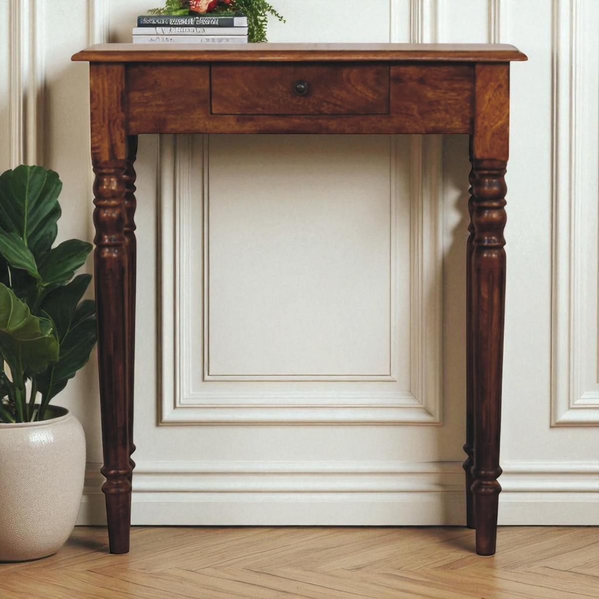 KONSOLE Massivholz Kastanienbraun Gedrechselte Beine, 1 Schublade, Dunkelbraun - Dunkelbraun/Messingfarben, Mangoholz/Holz (25/70/80cm) - Artisan Furniture