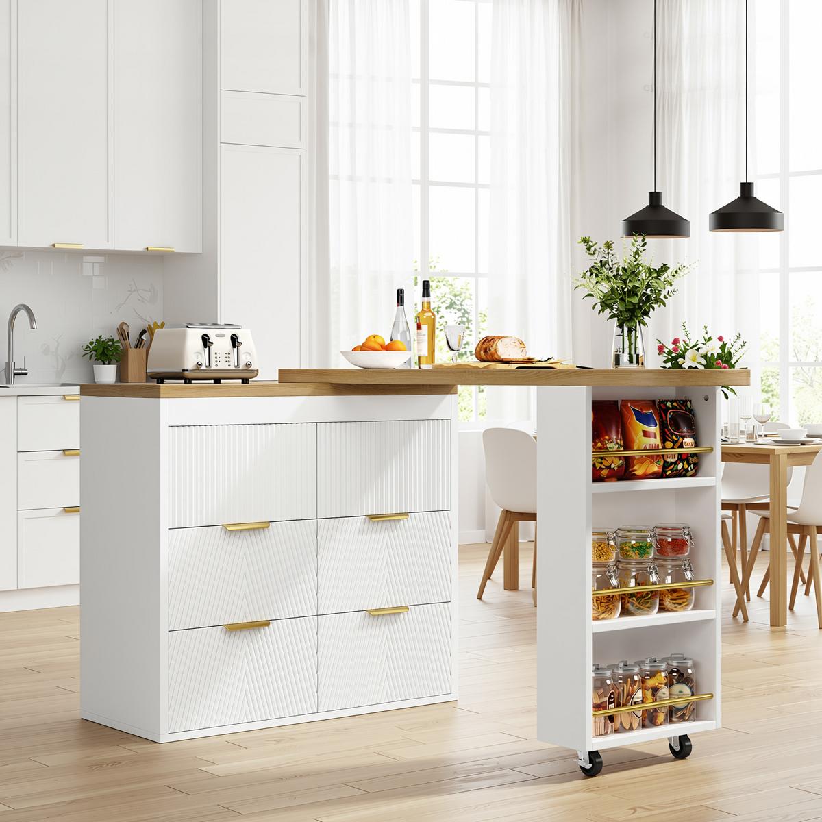 BARTISCH mit küchenbuffet 360° drehbar & 6 schubladen - Weiß, Holzwerkstoff (39/203/90cm) - Urban Meuble