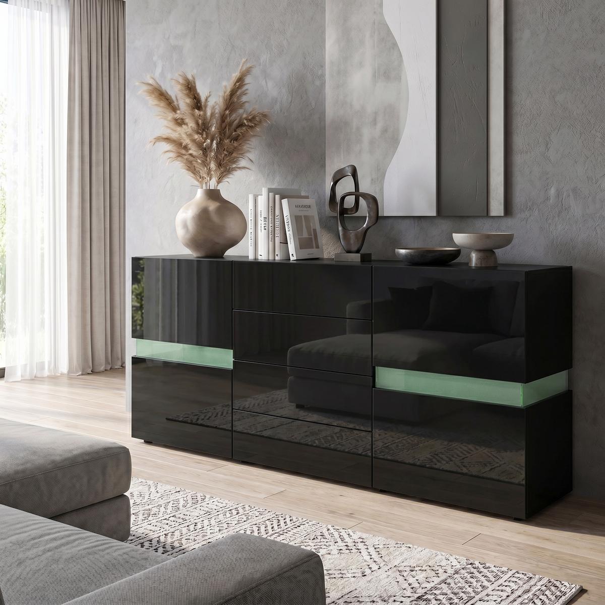 SIDEBOARD Flow Schwarz - Schwarz Hochglanz, Holzwerkstoff (177/75/39cm) - Vladon
