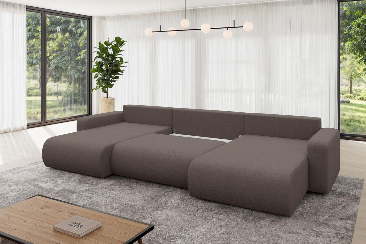 WOHNLANDSCHAFT mit Schlaffunktion und Bettkasten BERY-U 377x193x88 Braun Bouclé - Schwarz/Braun, Holzwerkstoff/Kunststoff (377/88/193cm) - ALTDECOR