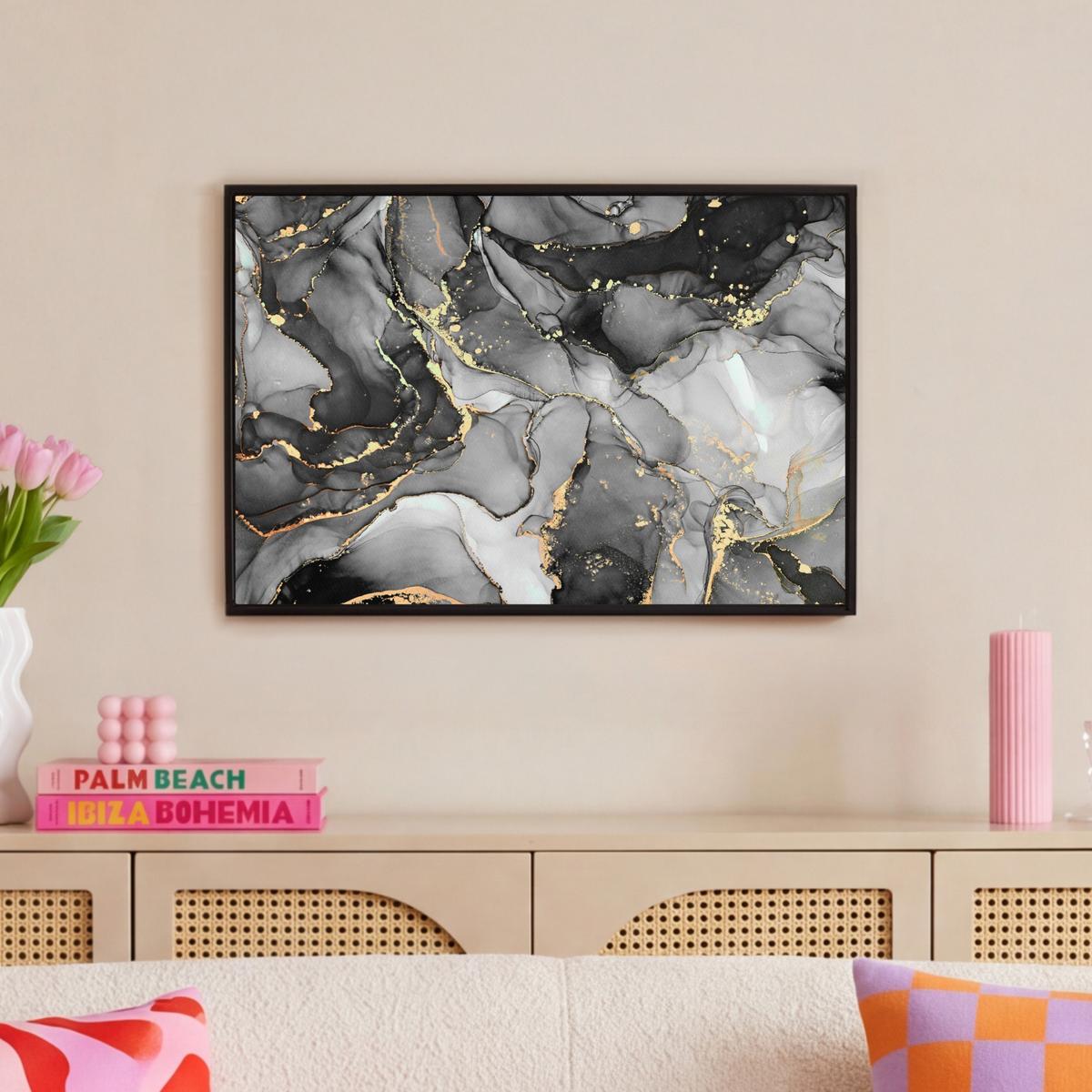 LEINWAND Bilder mit Rahmen - Grau - Luxus - Gold - Marmor - 60x40 - Dunkelgrau, Textil (60/40cm) - MuchoWow