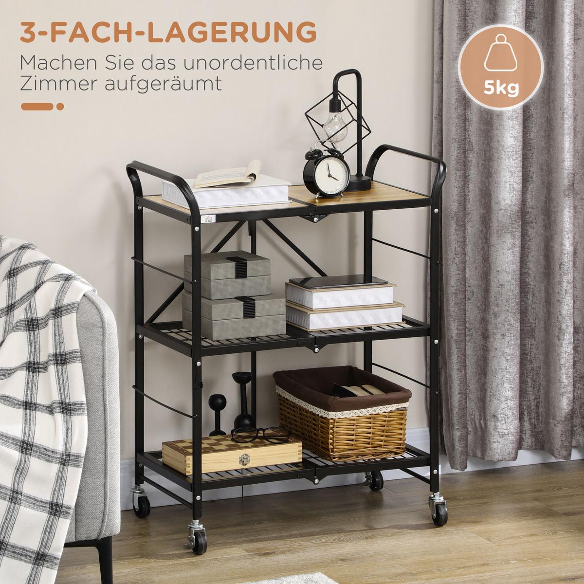 ROLLWAGEN, Klappbarer Küchenwagen, Servierwagen mit 3 Ebenen, Griff, Stahl - Multicolor, Holzwerkstoff (35/85/68cm) - HOMCOM