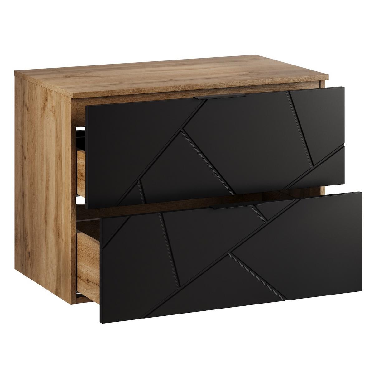 WASCHBECKENUNTERSCHRANK Manello 2 Schubladen Eiche mit Matt Schwarz - 80 x 46 x 58 cm - Eichefarben/Schwarz, Holz (80/58/46cm) - Badplaats