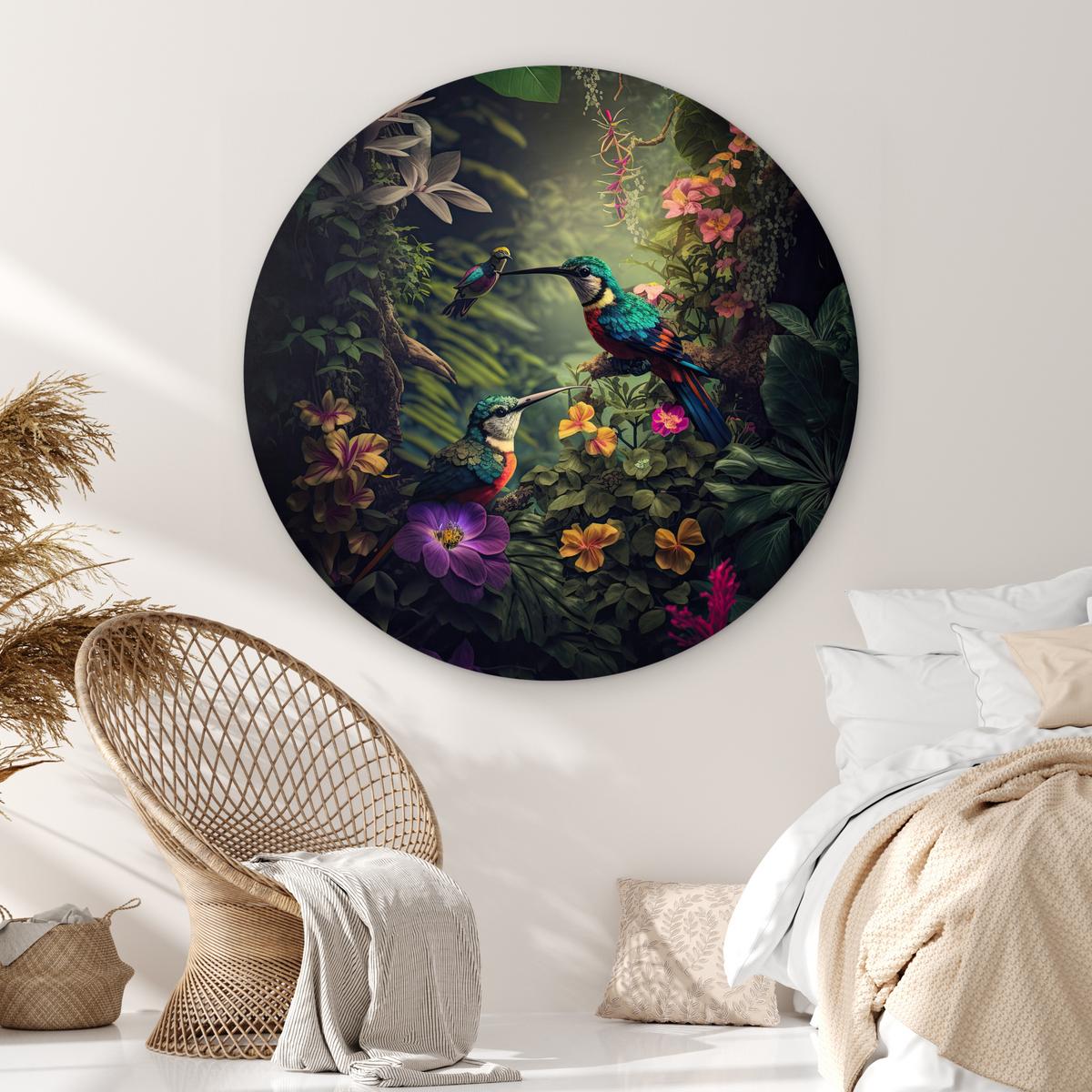 WANDBILD Blumen - Vogel - Dschungel - Pflanzen Deko Groß 150x150 cm - Petrol, Kunststoff (150/150cm) - MuchoWow