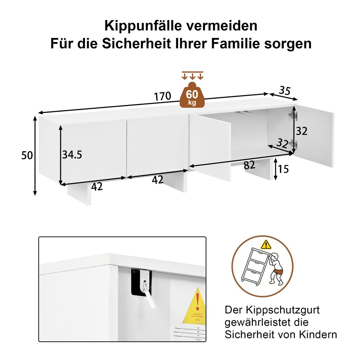 LOWBOARD Weiß 170cm, 4 Türen mit Bogenmuster - Weiß, Holzwerkstoff (170/50/35cm) - Urban Meuble