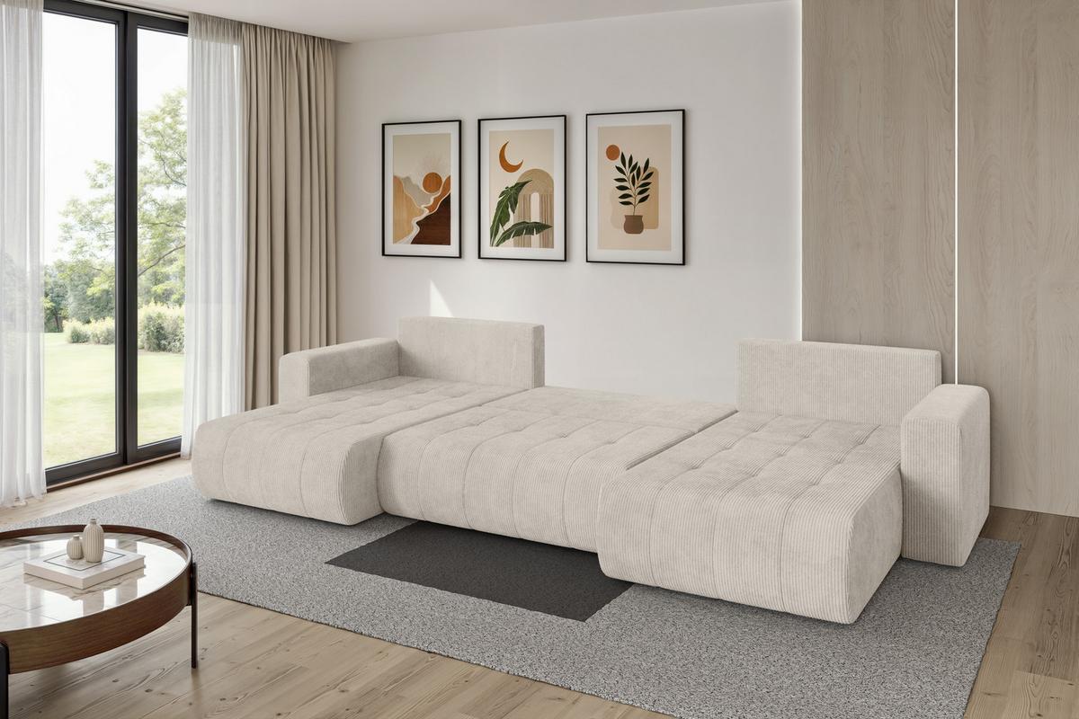 WOHNLANDSCHAFT mit Schlaffunktion und Bettkasten MILA-U 378x194x86 Creme Cord - Ecru/Creme, Holzwerkstoff/Kunststoff (378/86/194cm) - ALTDECOR