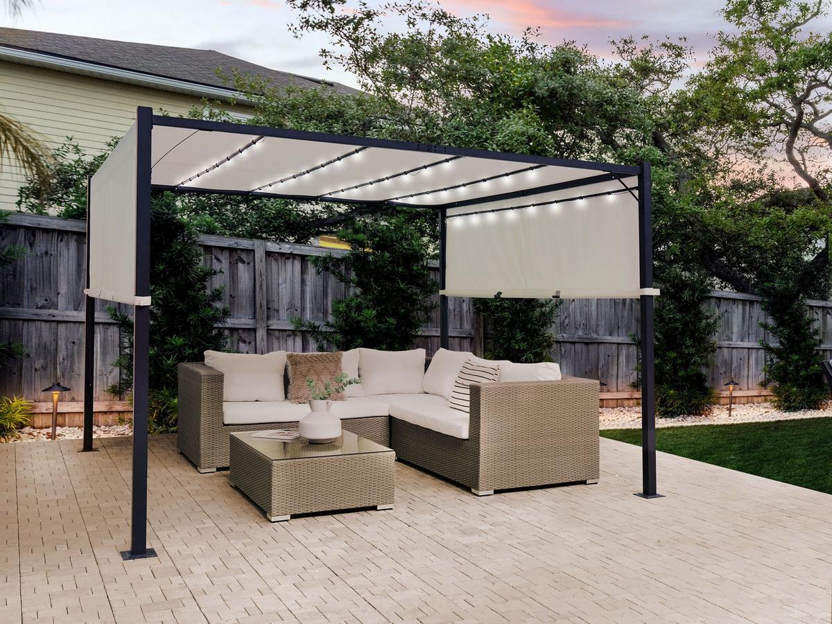 PERGOLA mit LED-Beleuchtung Stahl beige 310/310 cm Parga - Beige/Schwarz, Metall (310/215/310cm) - Beliani