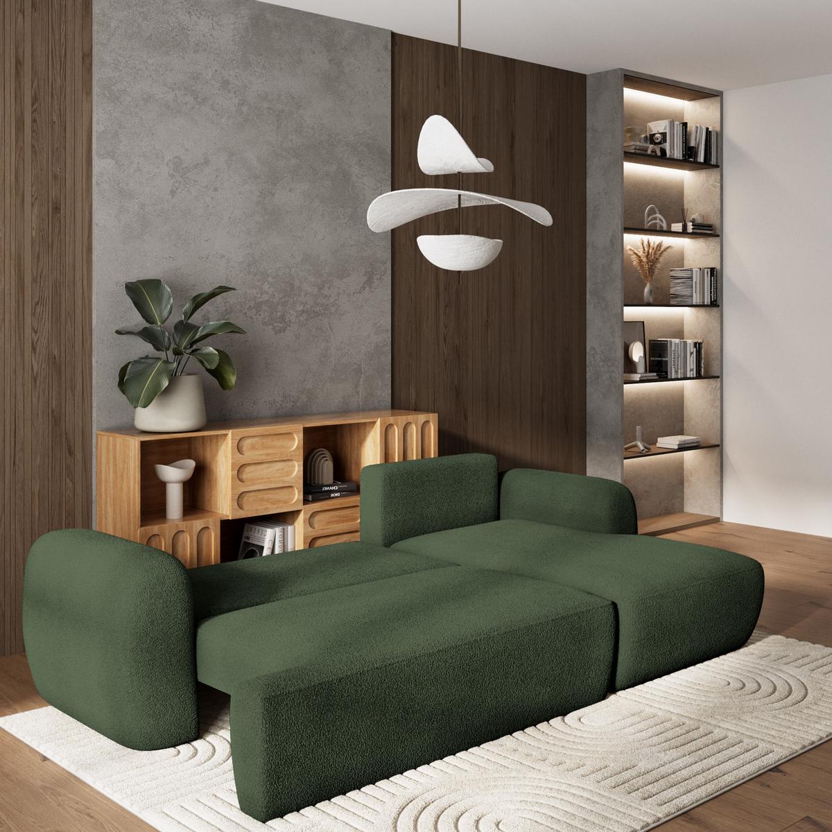 ECKSOFA MODENZA N R-S Grün Boucle-Stoff mit Schlaffunktion - Schwarz/Grün, Holz/Kunststoff (266/148cm) - MASSENO