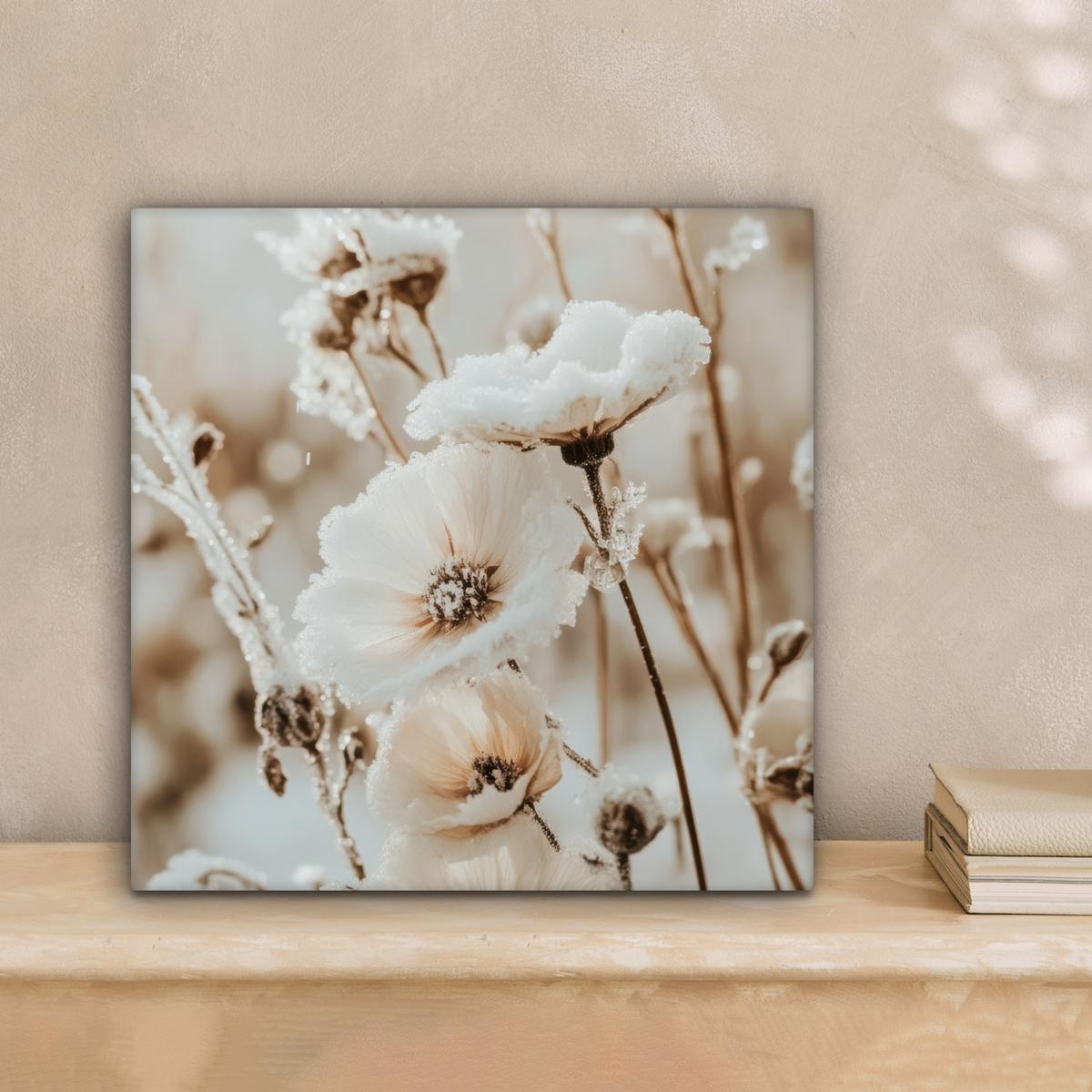LEINWANDBILD Blumen - Winter - Weiß - Schnee - Beige Deko Wohnzimmer 20x20 cm - Creme, Textil (20/20cm) - MuchoWow