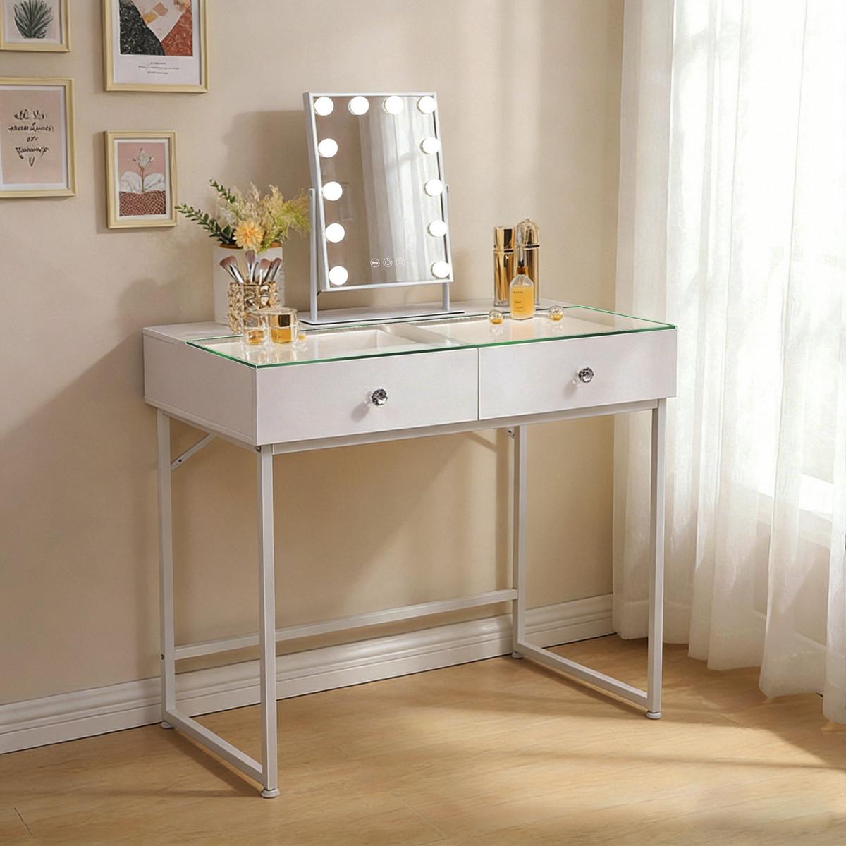 SCHMINKTISCH mit Beleuchtung weiß 100/55/81 CM 2 Schubladen - Weiß, Holz/Holzwerkstoff (100/55/81cm) - VANITII