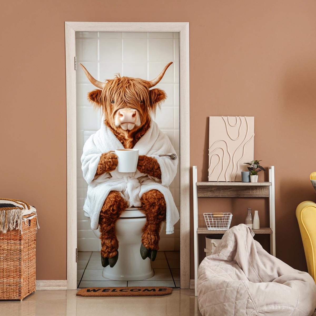 TÜRAUFKLEBER Schottischer Highlander - WC - Bademantel - Modern - Tiere Wanddeko 90x205 cm - Türtapete - Kastanienfarben, Kunststoff (90/0.1/205cm) - MuchoWow