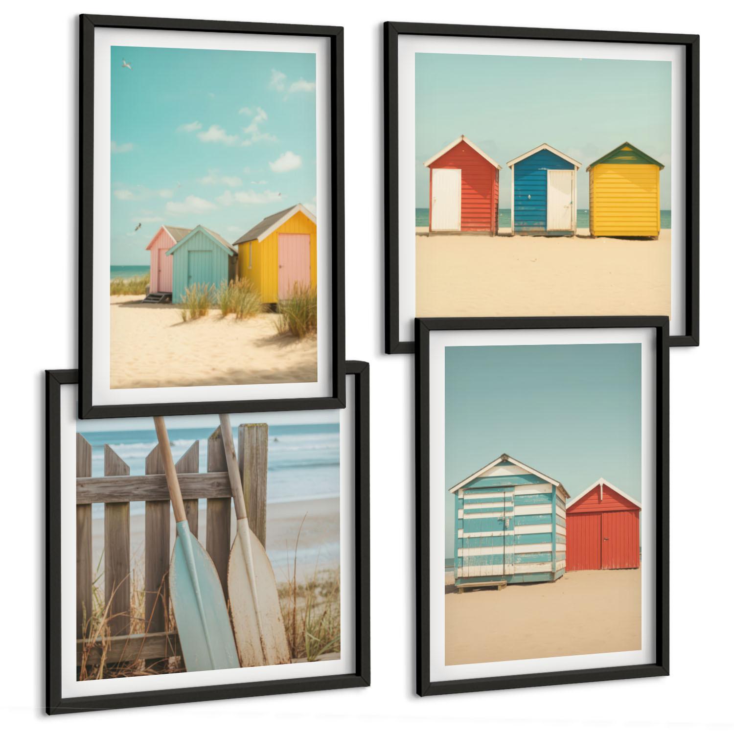 BILDER SET 4er Set - 50x50 cm & 40x60 cm Schwarzer Rahmen - Bunte Häuser, Strand, Sonne - Schwarz, Kunststoff (50/50cm) - TULUP