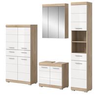 BADMÖBEL-SET weiß Hochglanz, Eiche 4-teilig 186 cm, viel Stauraum - Weiß Hochglanz/Eichefarben, Holzwerkstoff (186/191/34cm) - Inn.Furn