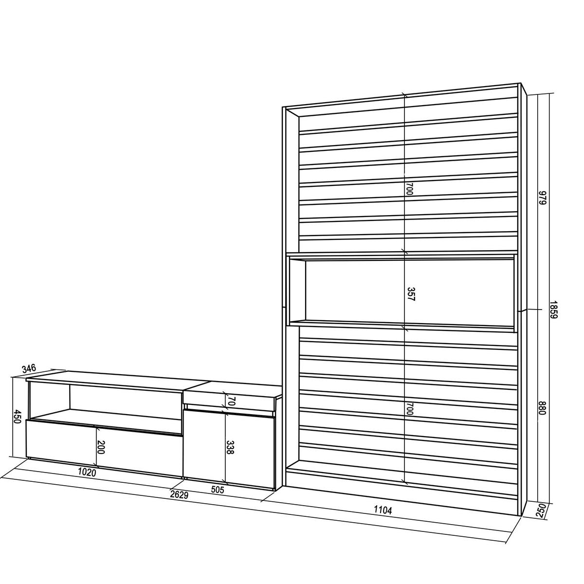 WOHNWAND eiche, schwarz, 260/35/186cm - Eichefarben, Holzwerkstoff (260/186/35cm) - Skraut Home