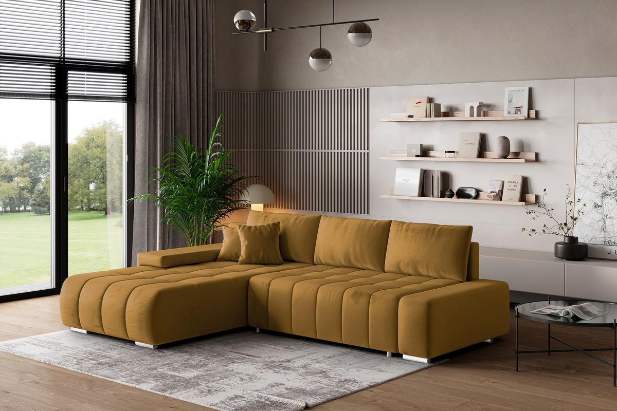 ECKSOFA ALESE L-S Gelb Velours-Stoff mit Schlaffunktion - Gelb/Silberfarben, Holz/Textil (265/185cm) - MASSENO