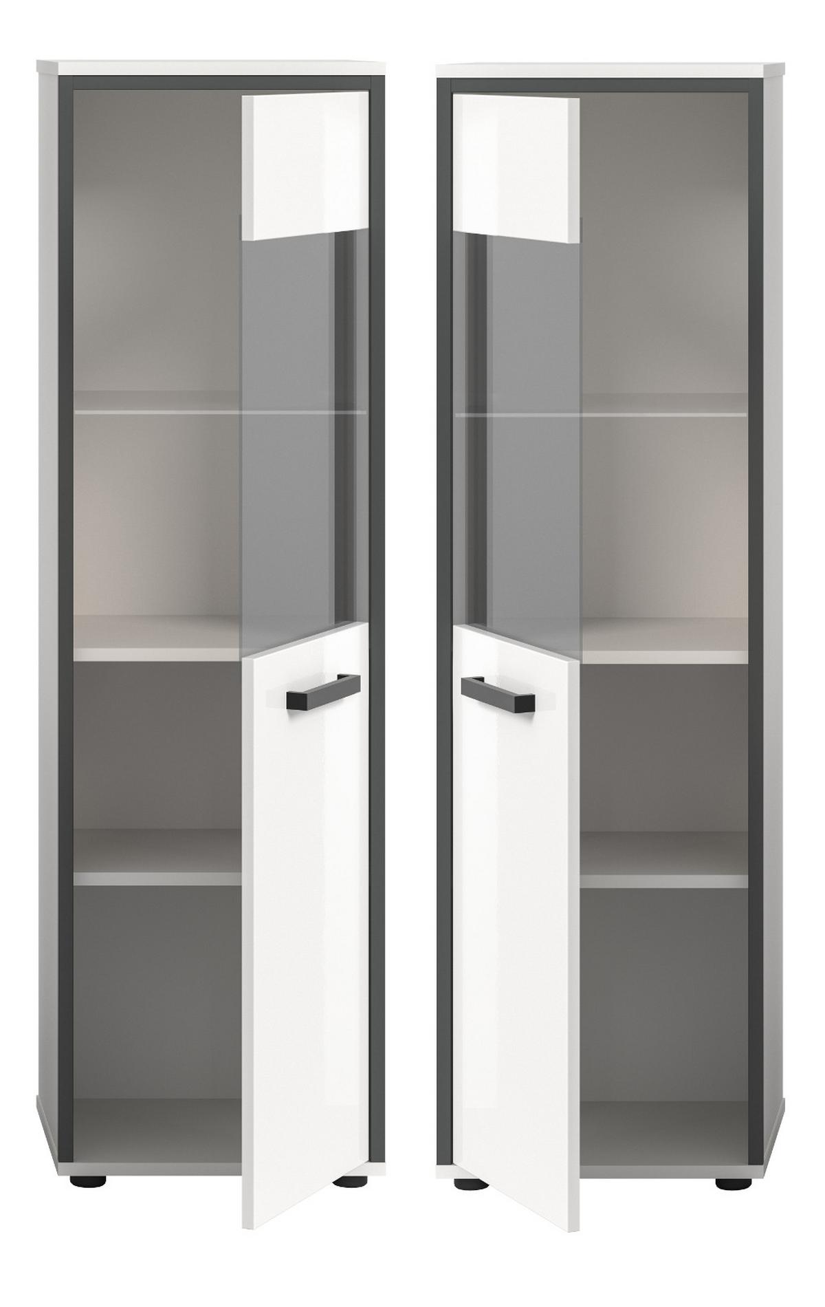 MIDISCHRANK weiß Hochglanz, grau 40 x 139 cm, Badkommode mit wechselbaren Türanschlag - Weiß Hochglanz/Schwarz, Glas/Holzwerkstoff (40/139/34cm) - Inn.Furn