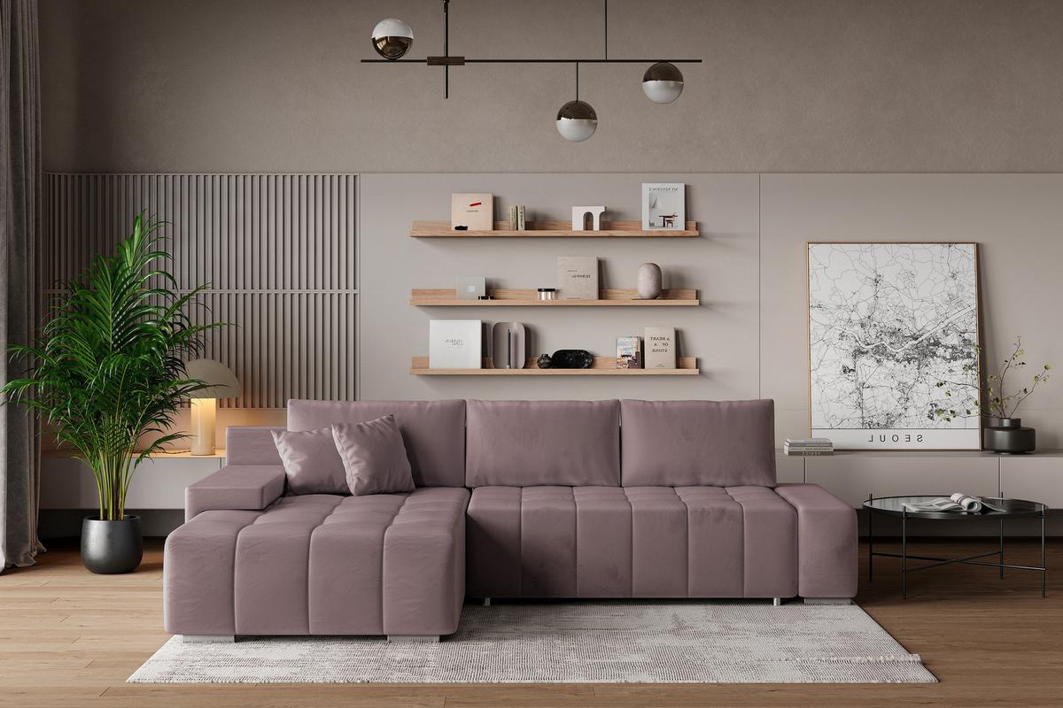 ECKSOFA ALESE L-S Lila Velours-Stoff mit Schlaffunktion - Lila/Silberfarben, Holz/Textil (265/185cm) - MASSENO