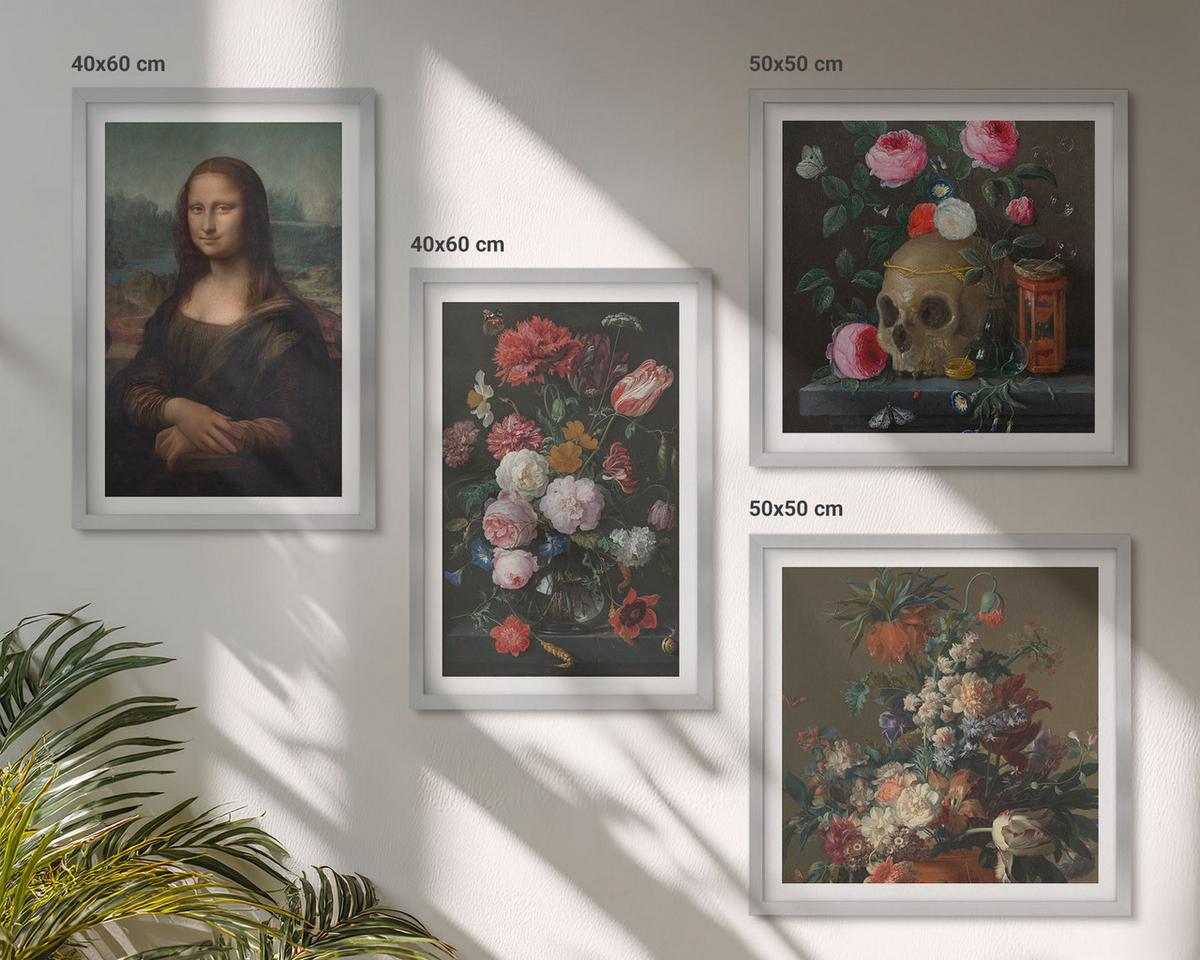 BILDER SET 4er Set - 50x50 cm & 40x60 cm Silberner Rahmen - Vintage Blumen Totenkopf Mona Lisa - Silberfarben, Kunststoff (50/50cm) - TULUP