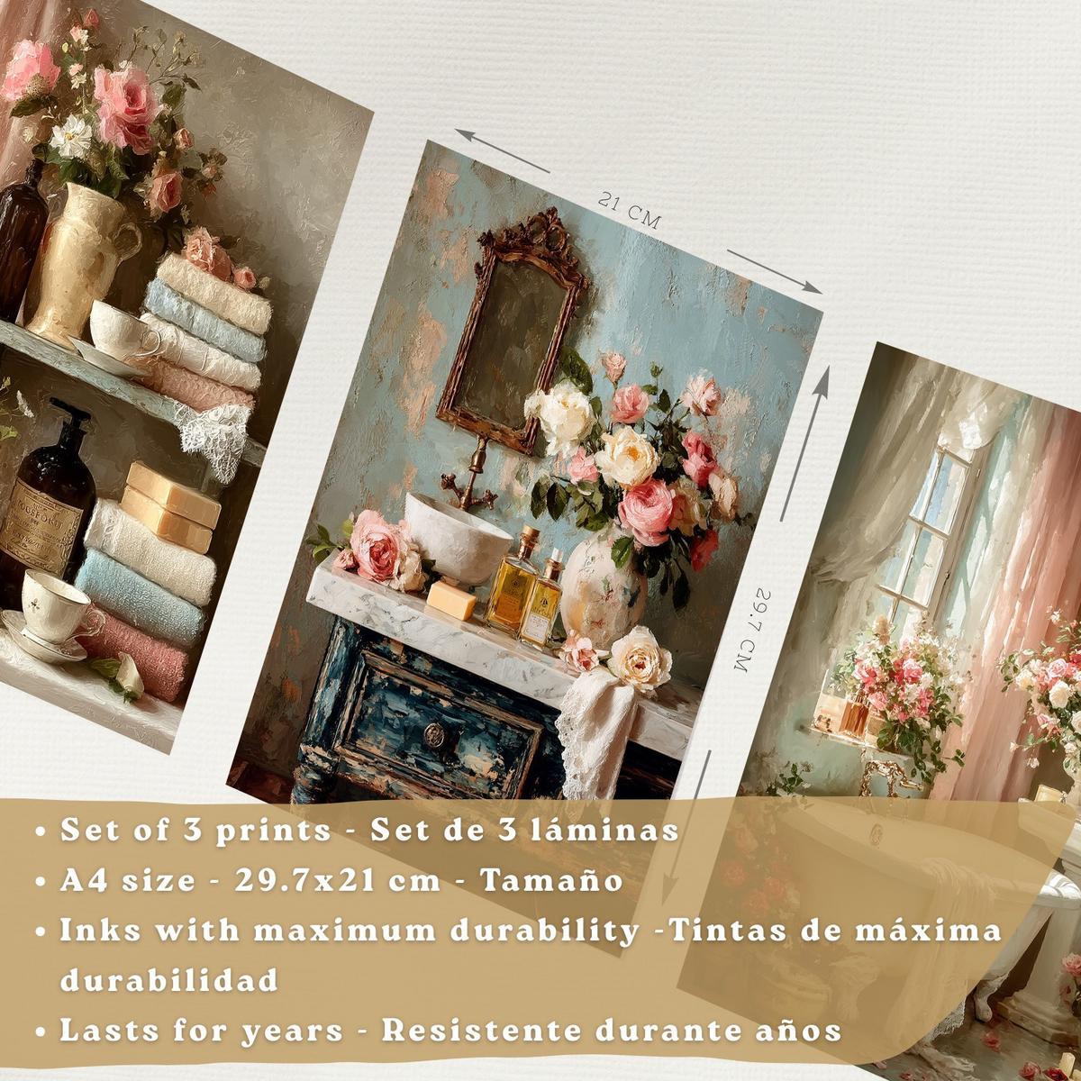 POSTER 3er-Set dekorative Badezimmerdrucke, romantischer Stil, Bilder mit Rosen Badewanne und Parfums, Blumenposter, Leichter Holzrahmen A4 - Beige, Papier (29.7/21/3cm) - Nacnic